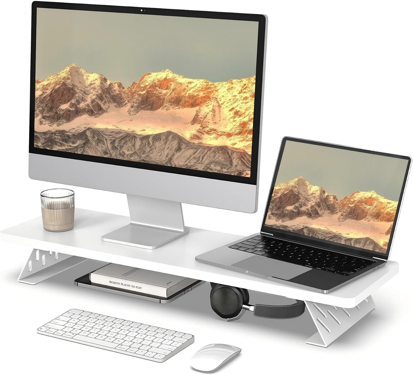 2 Fenge Monitor Stand Riser, Desk Top Shelf for Monitors, Computer Stands for Desk, Wood & Steel Desktop Riser