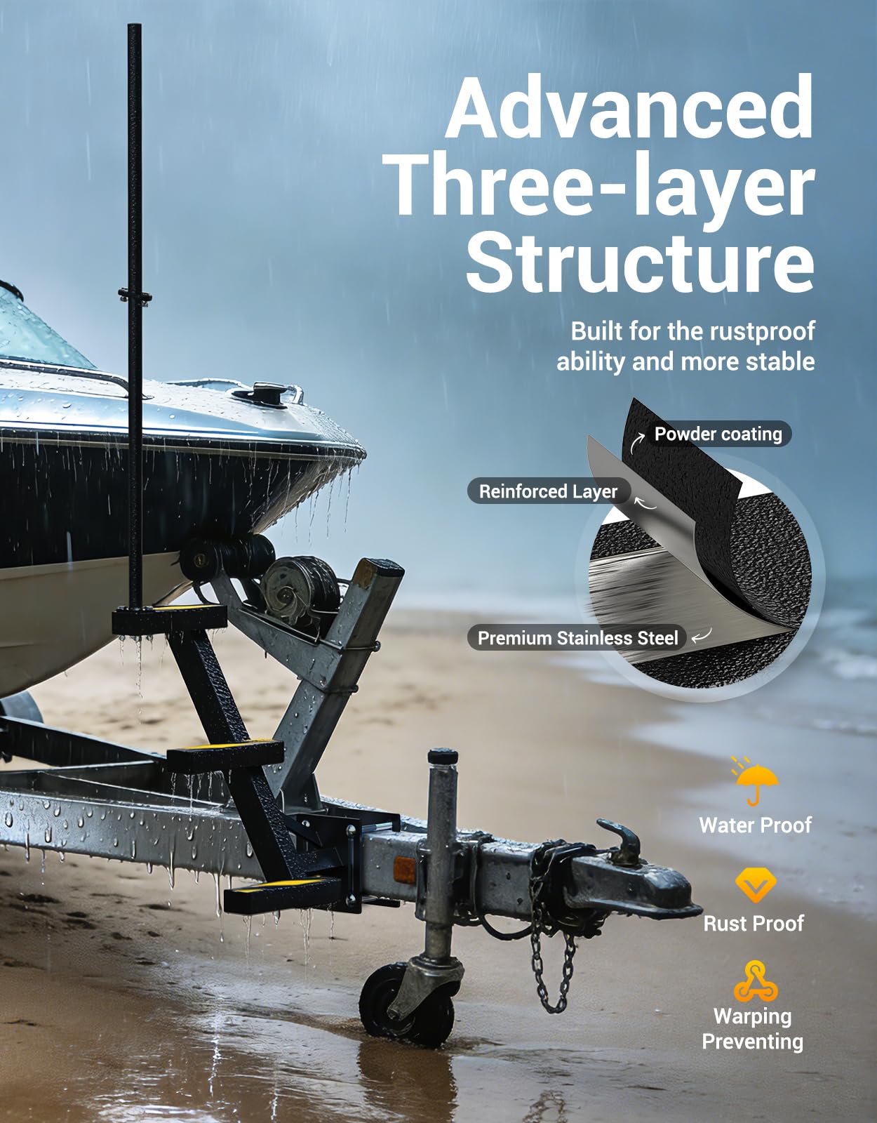 Boat Trailer Steps with Handle, Heavy Duty 3-Step Ladder for Trailer Tongue, with Non-Slip Step Pads, 500 lbs Load Capacity, Universal Fit for Most Bass Boats and Deep V Boats