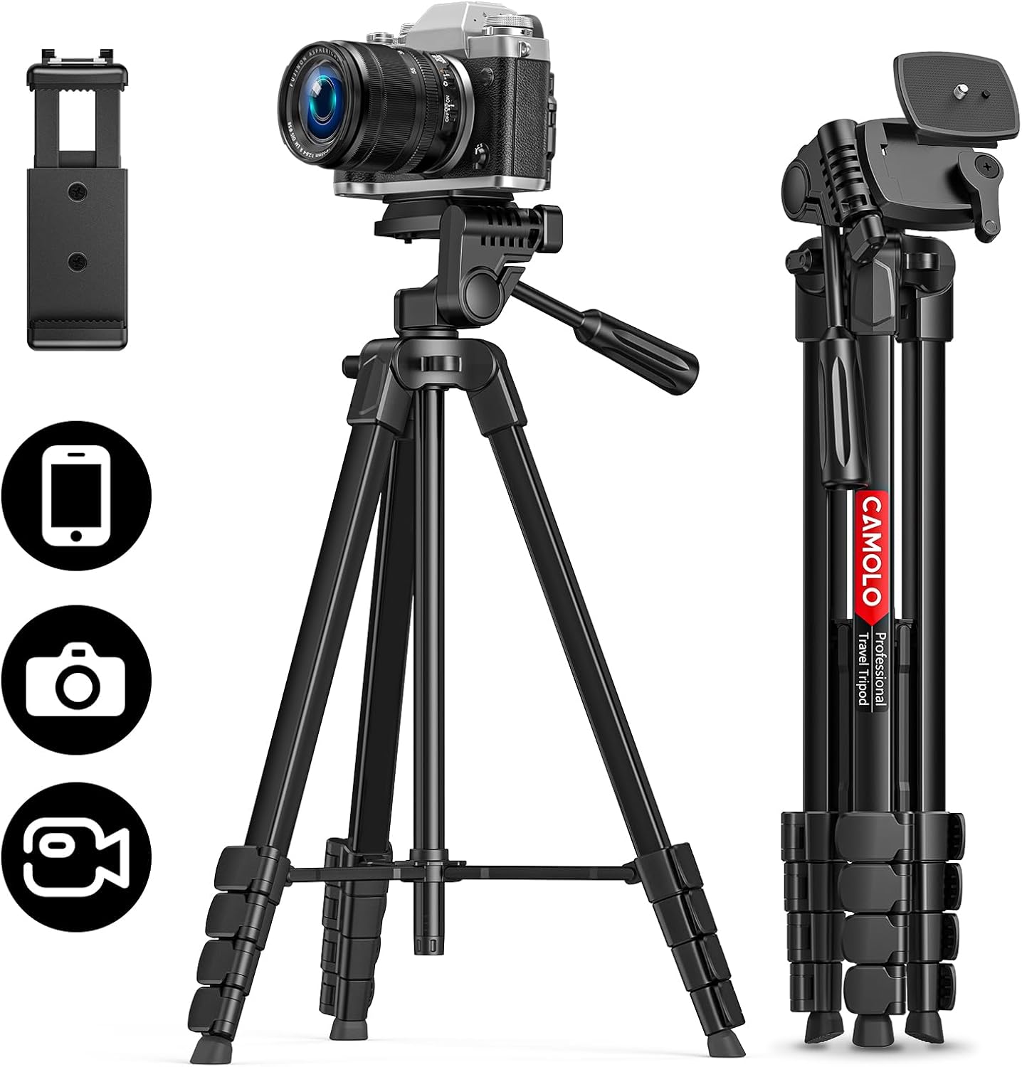 CAMOLO RIG 17-67.3 Inch Camera Tripod with Phone Holder, Camera Tripod Adjustable Height, Cold-Shoe Mount, Carrying Bag