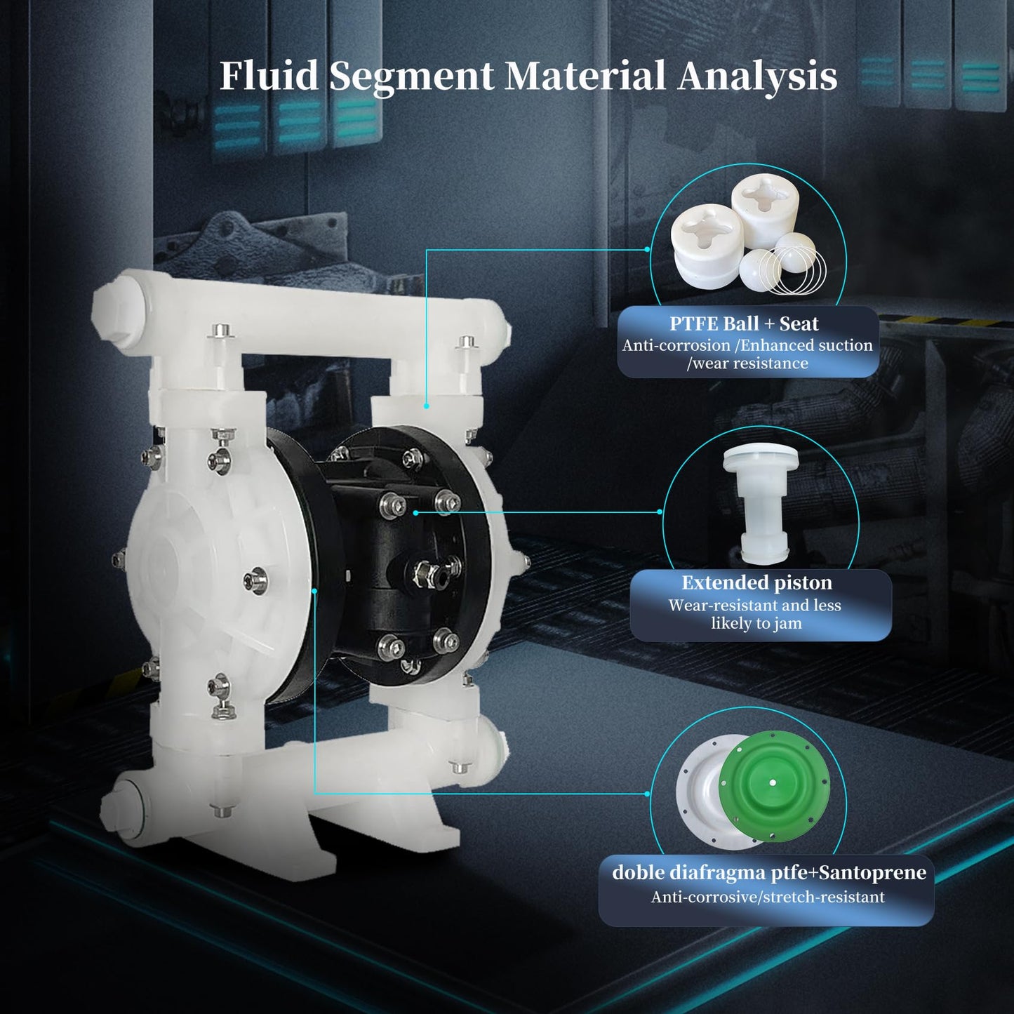 EMAGENE Air-Operated Double Diaphragm Pump, 1/2 inch inlet and outlet, polypropylene body, 9GPM and Max 100pSI for solvent and Industrial Use