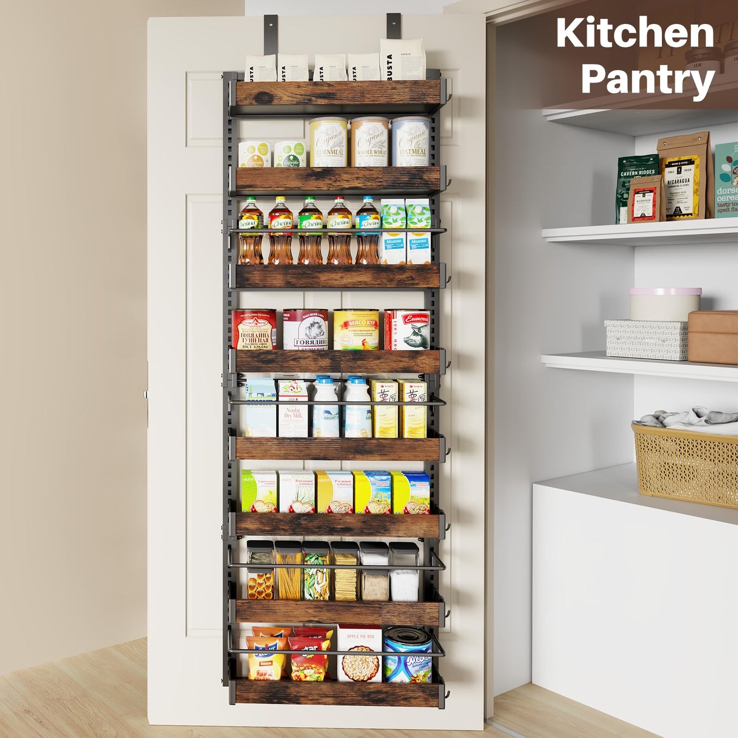 8 Tier Over The Door Pantry Organizer, 2 IN 1 Wall Mount or Metal Hanging Spice Rack for Pantry Organizers and Storage, Seasoning Shelves，Adjustable Basket with Hooks for Kitchen Cabinet and Closet