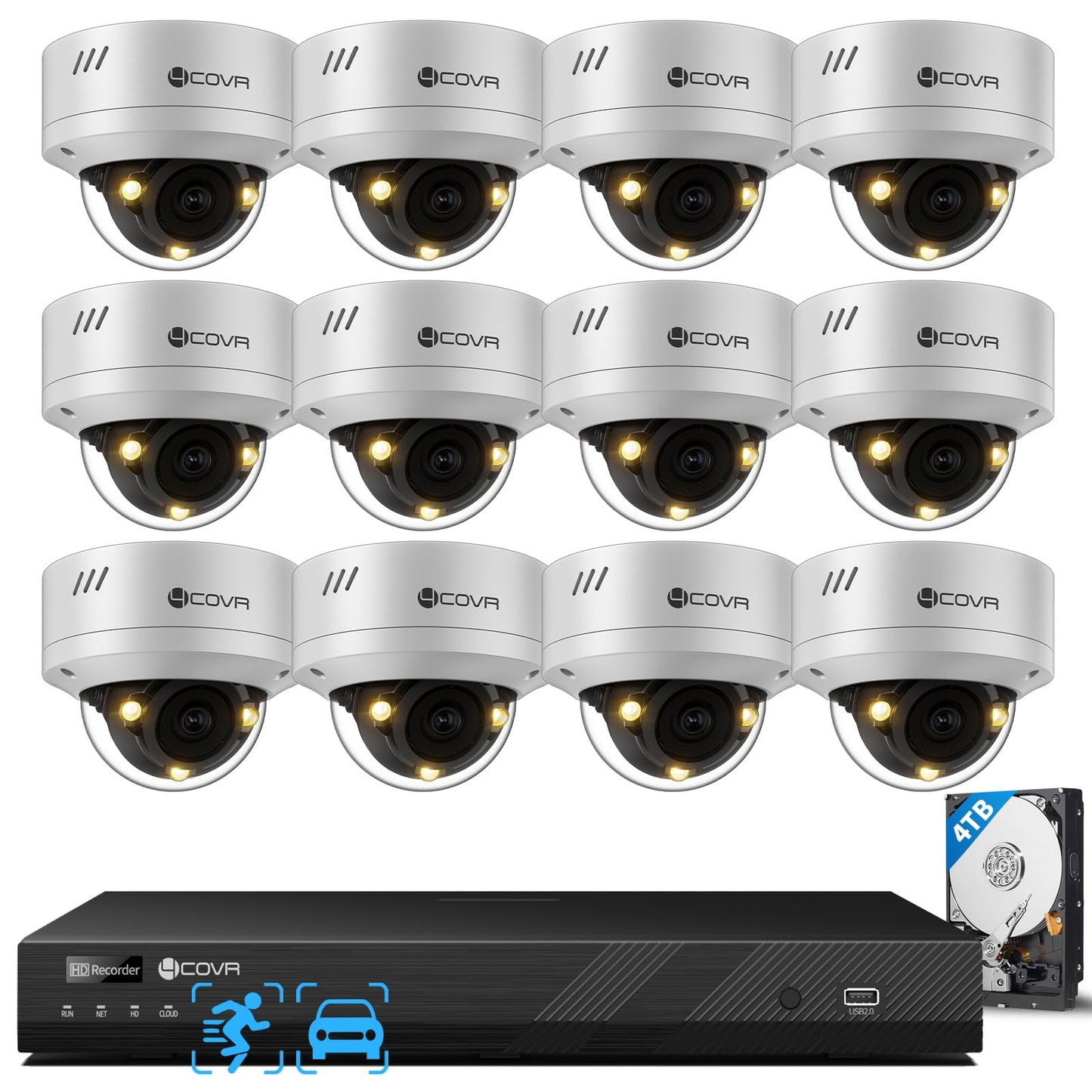 4COVR 16 Channel Security Camera System Businesses, 4K 16CH NVR & 4TB HDD, 12X 5MP IK10 Dome PoE IP Cameras IP67 Outdoor, Smart Color Night Vision, 2-Way Audio, Person/Vehicle Detection, LY54FA5M1612