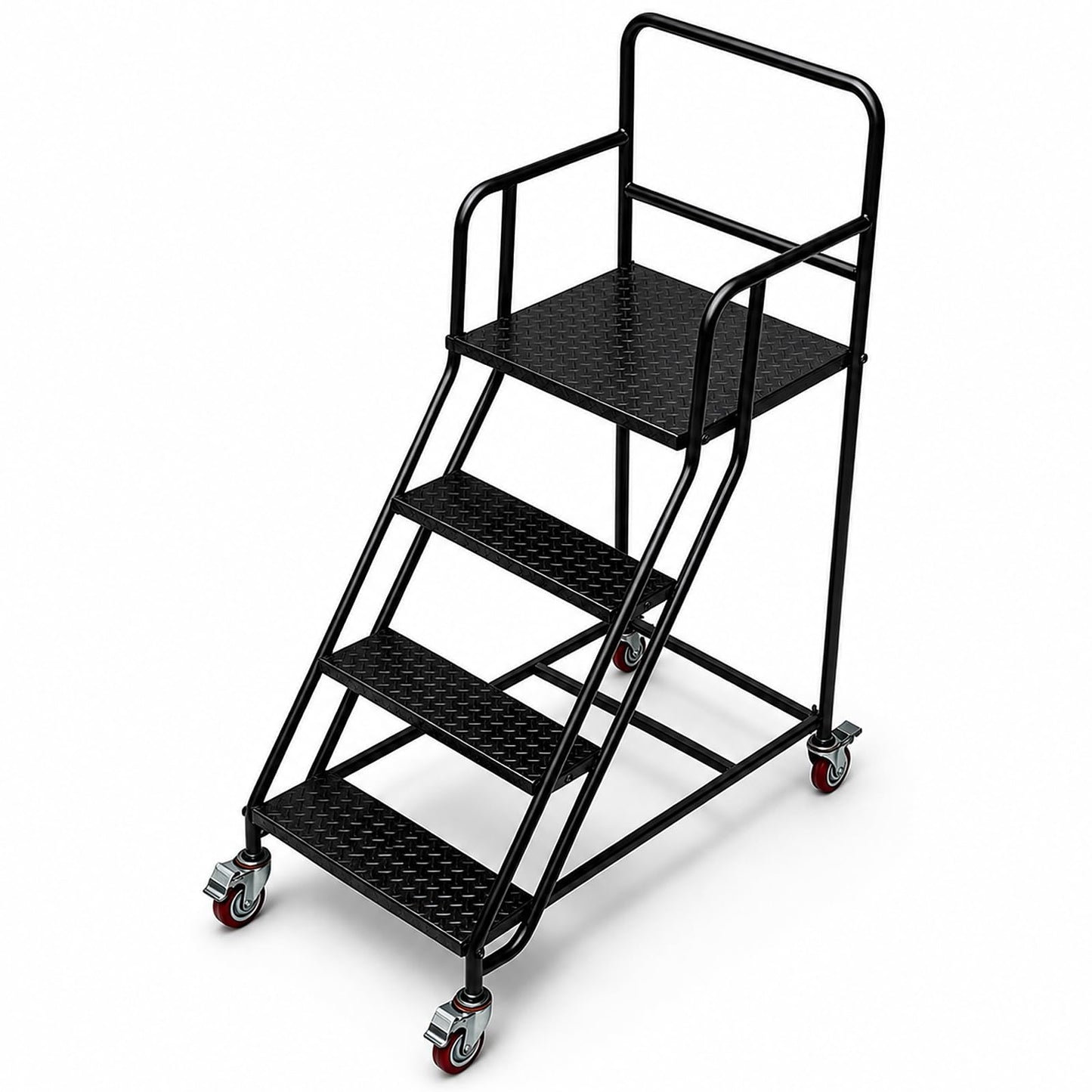 4 Step Rolling Ladder with Handrails, 880 lbs Capacity Heavy Duty Steel Mobile Warehouse Ladder with Locking Wheels, Non-Slip Rolling Stairs with Large Platform for Garage, Stockroom, Library