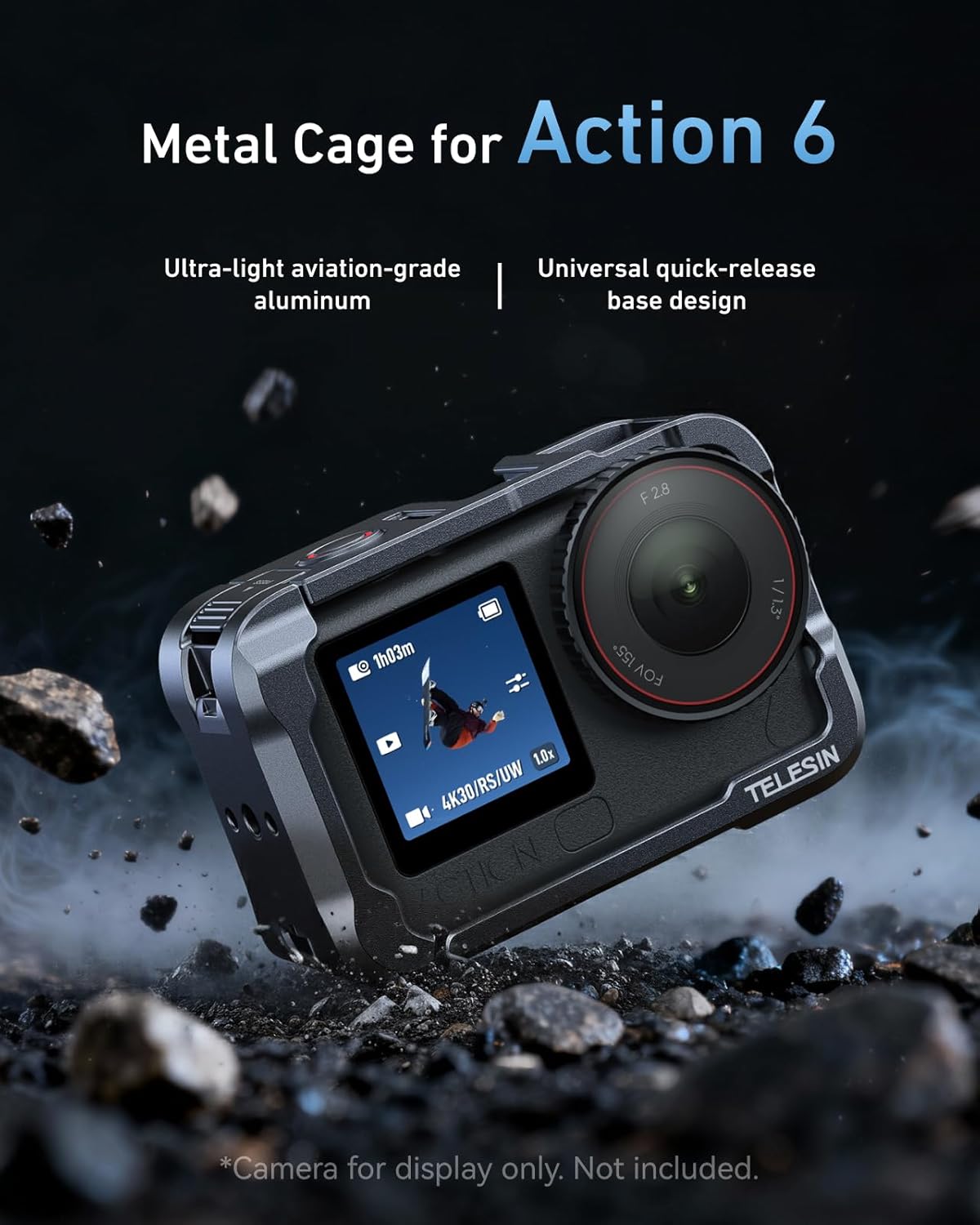 TELESIN 6 1/4" Aluminum Alloy Protective Frame Case for DJI Osmo Action Camera, Quick-Release Metal Rabbit Cage