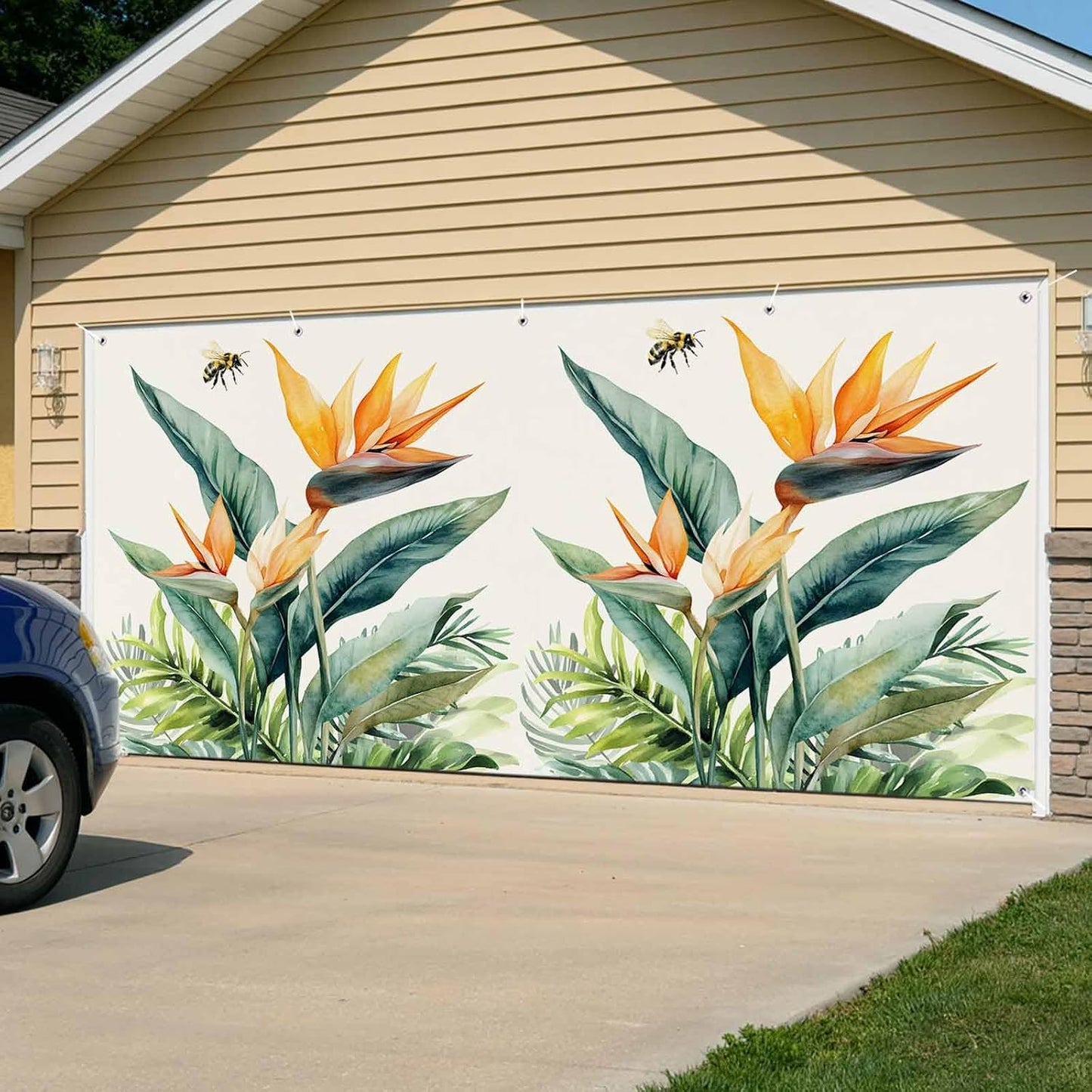 Jimehezon 8x6.9ft Summer Grommets Bird of Paradise Garage Door Banner Tropical Plant Bee Flower Botanical Garage Door