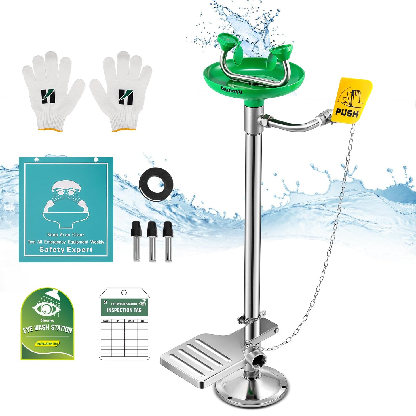 Huanyu Emergency Eye Wash Station Floor Mount Adjustable Water Flow Stand Up Eye Wash Station Eyewash Stations Stainless Steel Eye Wash Units Factory (1202-1 Green)