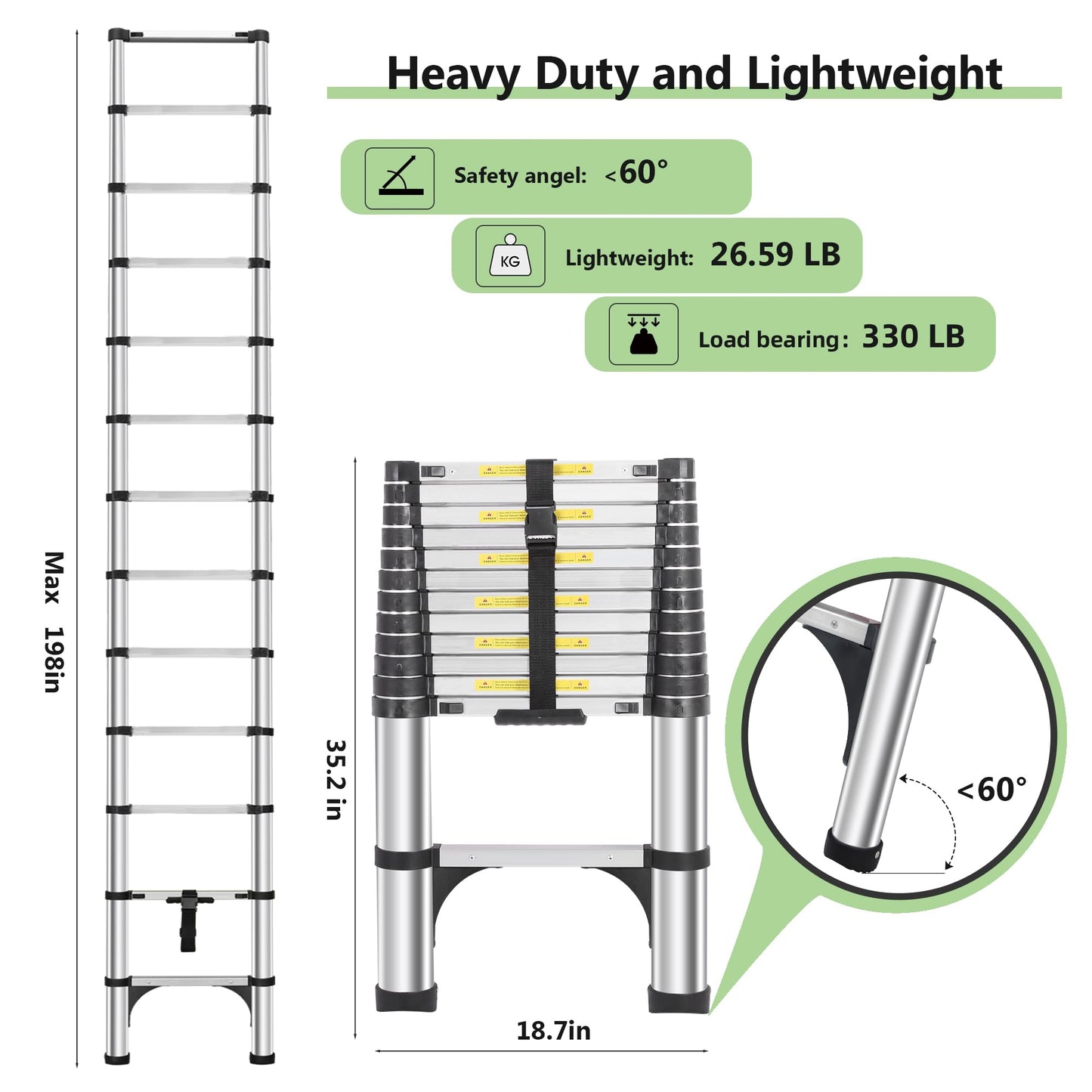 DEZEX Telescoping Ladders 16.5 FT Aluminum Ladder - One-Button Retraction Collapsible Extension Ladder with 2 Triangle Stabilizers & Hooks for Home, Outdoors, RV, Attic & Loft, Lasts 330 LBS