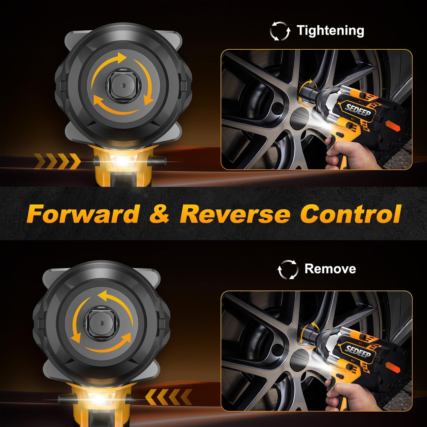 SEDEEP Impact Wrench 1/2 Inch, High Torque Impact Gun with 1500N·m(1100 Ft-lbs), 21V Brushless Electric Impact Wrench with 2*40Ah Battery, 3-Speed, LED Light, 5 Sockets for Car/Mower/Pickup/Truck RV
