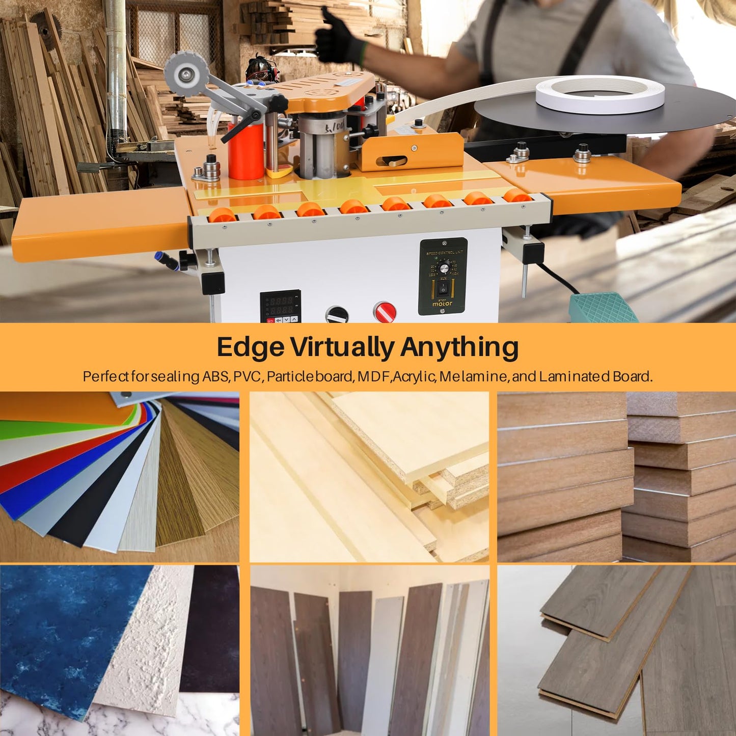 Helivivfy Portable Woodworking Edge Banding Machine, Dual-Use for Curved and Straight Edges Auto Cut-Off 2-Side Gluing Variable Speed Smart Temp Control