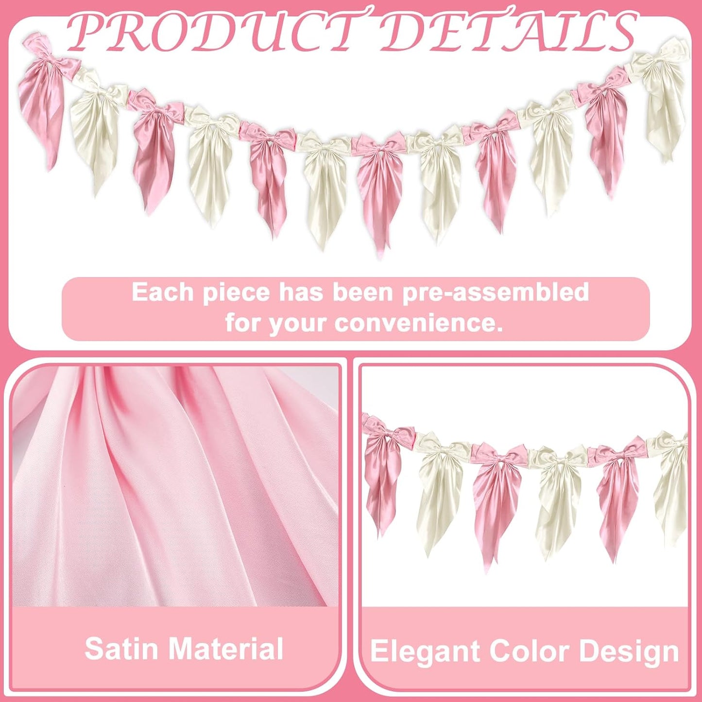 White Pink Bow Garland Banner - Satin Ribbon Decor for Fireplace | Perfect for Bachelorette, Bridal Shower, Birthday, and Wedding Parties