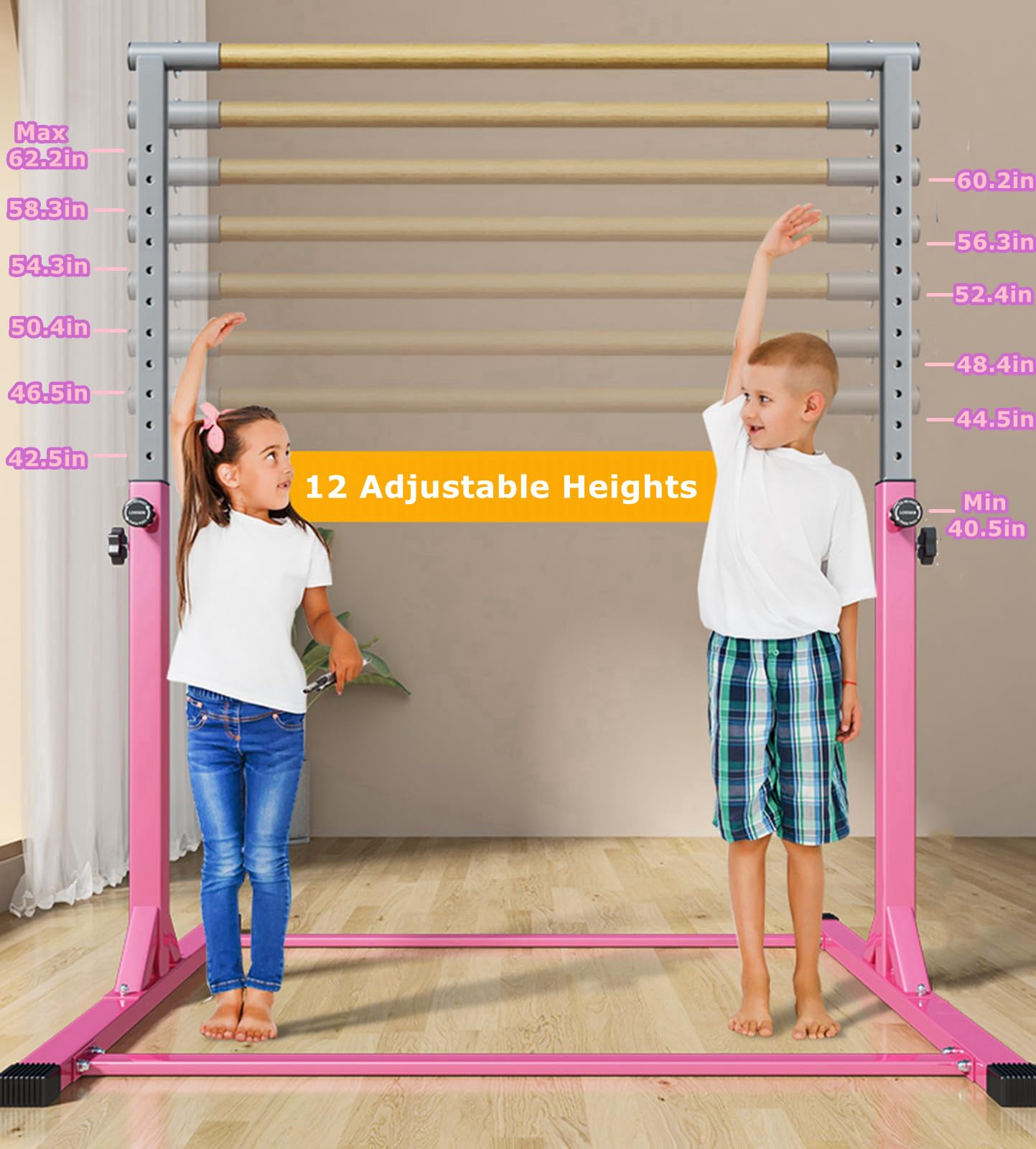 MEKETUM Gymnastic Kip Bar for Kids Training Horizontal Bars for Home Ages 3-15 Adjustable Height Non-Slip Gym Equipment Indoor with Rings