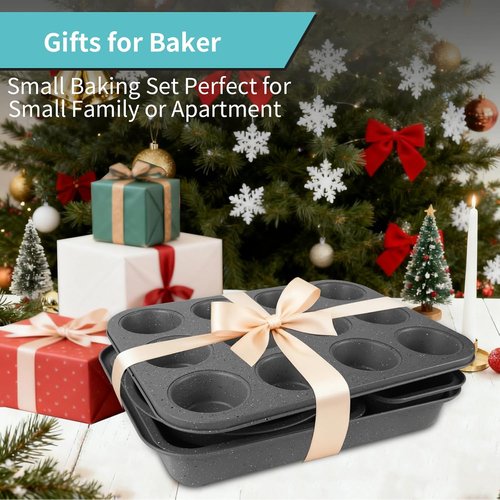 Grey Marble Nonstick Baking Pans Set by [Brand Name] - 5 Piece Stackable Bakeware with 100 Cupcake Liners for Home Baking