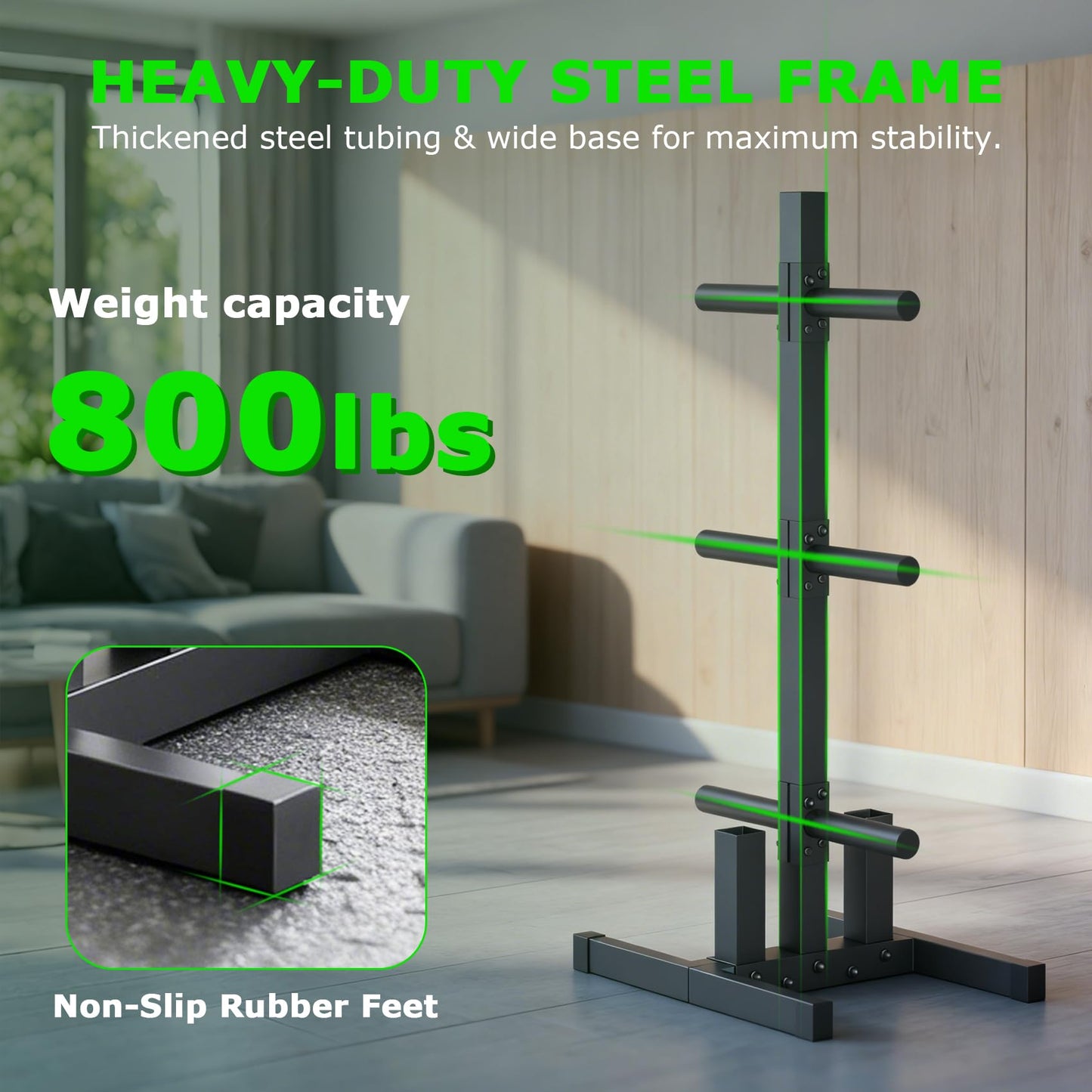 Olympic Weight Plate Rack, 6 Pegs & 2 Barbells for Bumper Plate Storage, Olympic Weight Plate Tree - Heavy Duty Bumper Plate Rack Holds 300 lbs