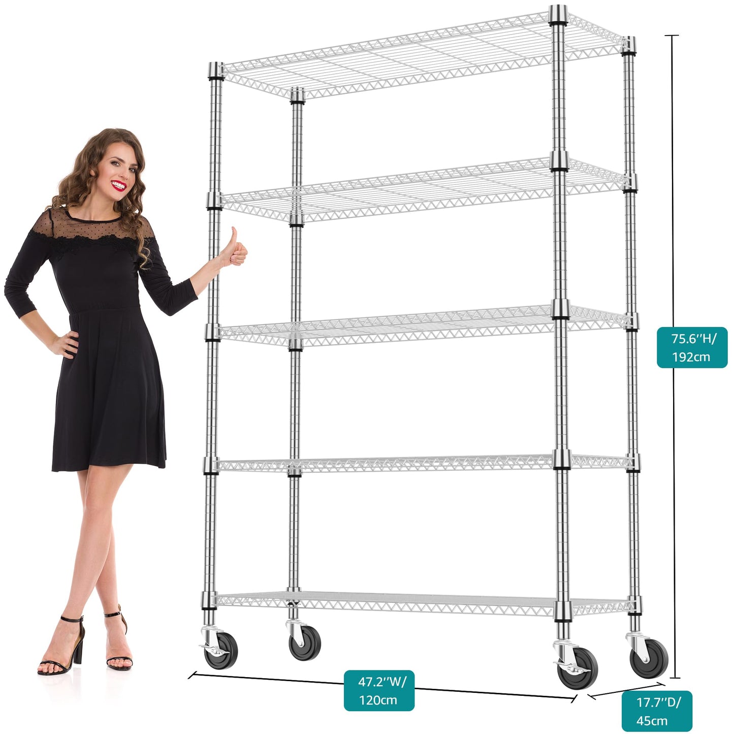 M MZG 1750LBS 47.2" W 5 Tiers Storage Shelves Metal Shelving Unit with Wheels Heavy Duty Garage Shelving Adjustable Wire Shelves for Pantry,Kitchen,Garage,Basement,Chrome 17.7" D x 47.2" W x 76.8" H