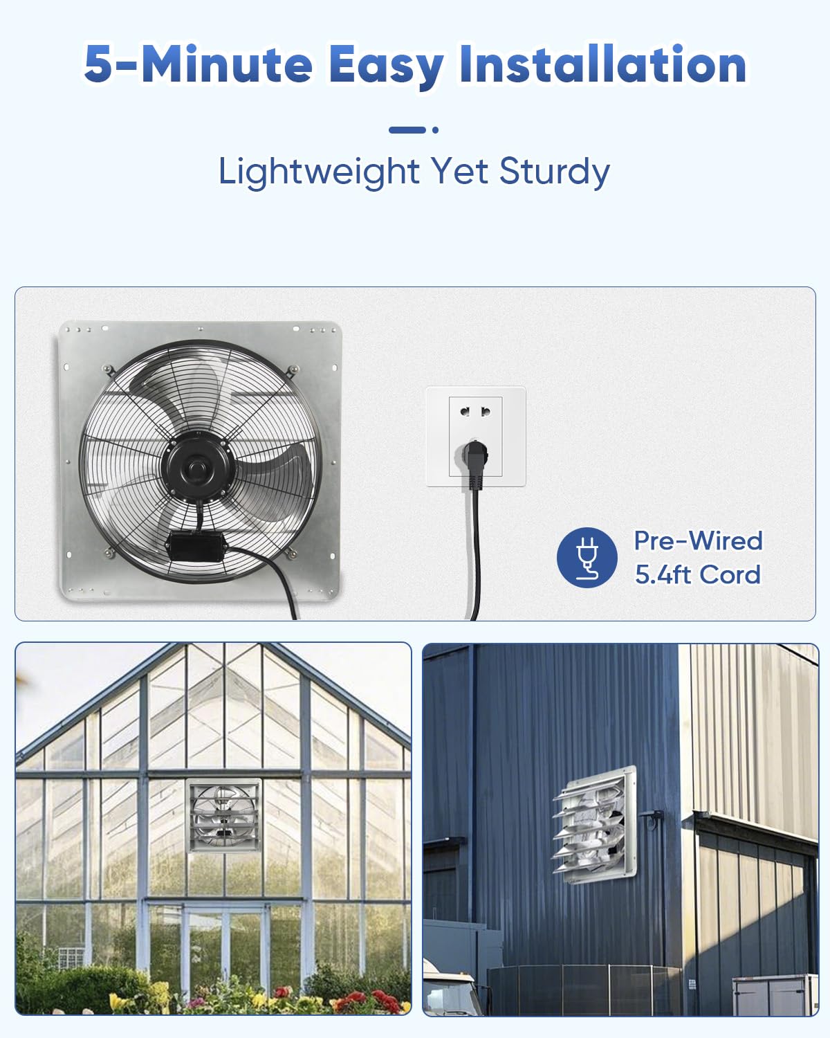 KEN BROWN 20 Inch Shutter Exhaust Fan With 1.65 Meters Power Cord Wall Mounted, High Speed 3500CFM, Vent Fan For Garages And Shops, Greenhouse,Attic Ventilation