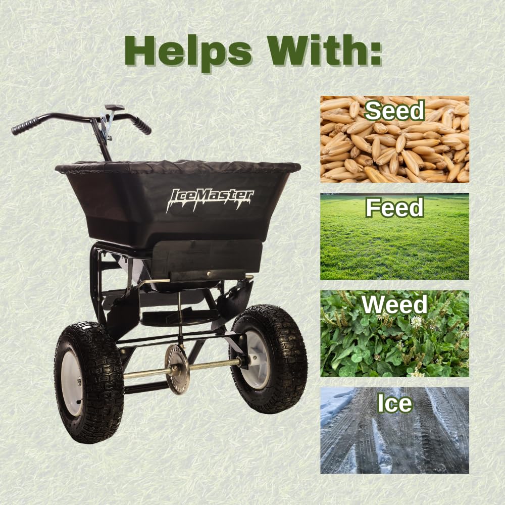 Discount SNOWSTAKES - Lawn Fertilizer & Seed Spreader, 100 LBS Capacity, with Included Grate, Cover & 13 in All Terrain Pneumatic Tires, Ideal for Turf & Lawn Care, Winter Walk Behind Salt Spreader