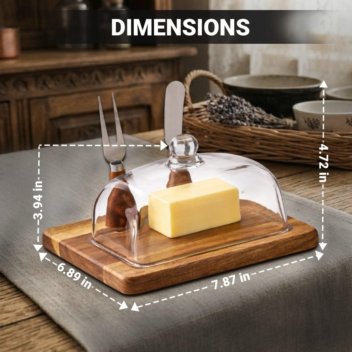 Luxury Butter Dish with Lid and Knife – Modern Glass Butter Dish with Lid for Countertop – Wood Butter Tray & Butter Holder – Large Dish with Lid for 4oz to 8oz Sticks, Cream Cheese, & Fruit