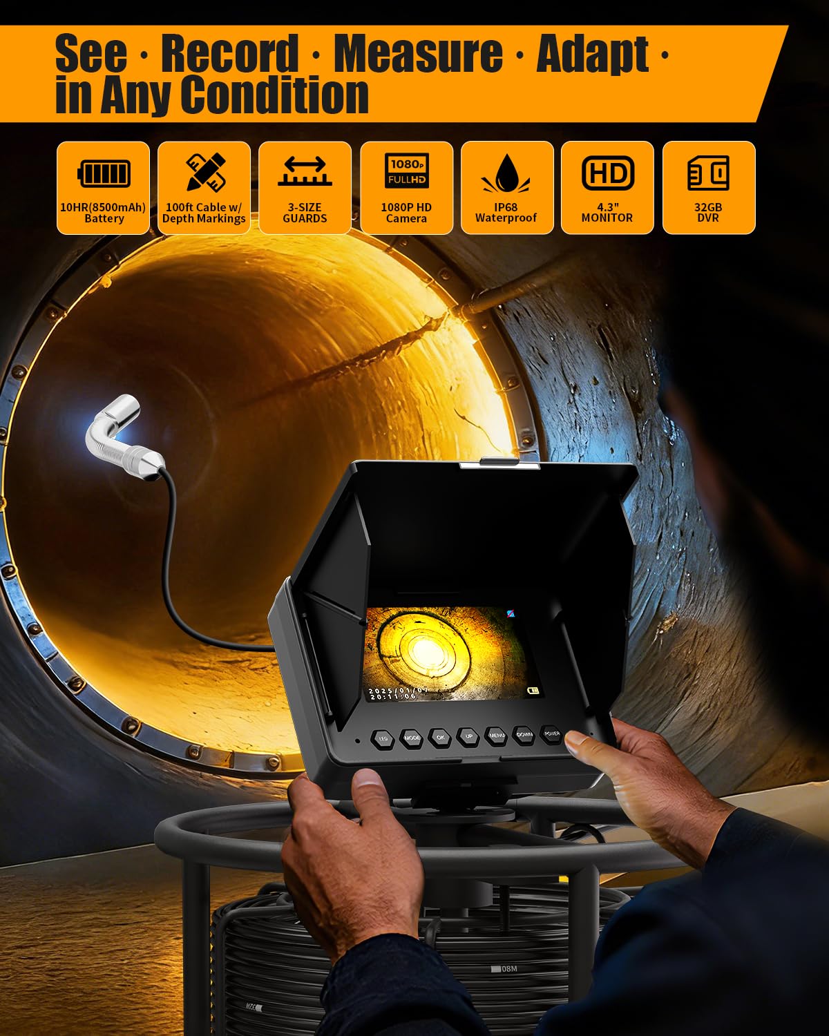 Sewer Inspection Camera 100ft/30M with 4.3" Monitor, 32GB DVR Drain Camera, 18mm 1080p Probe & 8500mAh Battery, IP68 Waterproof Endoscope – Heavy Duty All-Metal Rack for Plumbing, Drain Inspection