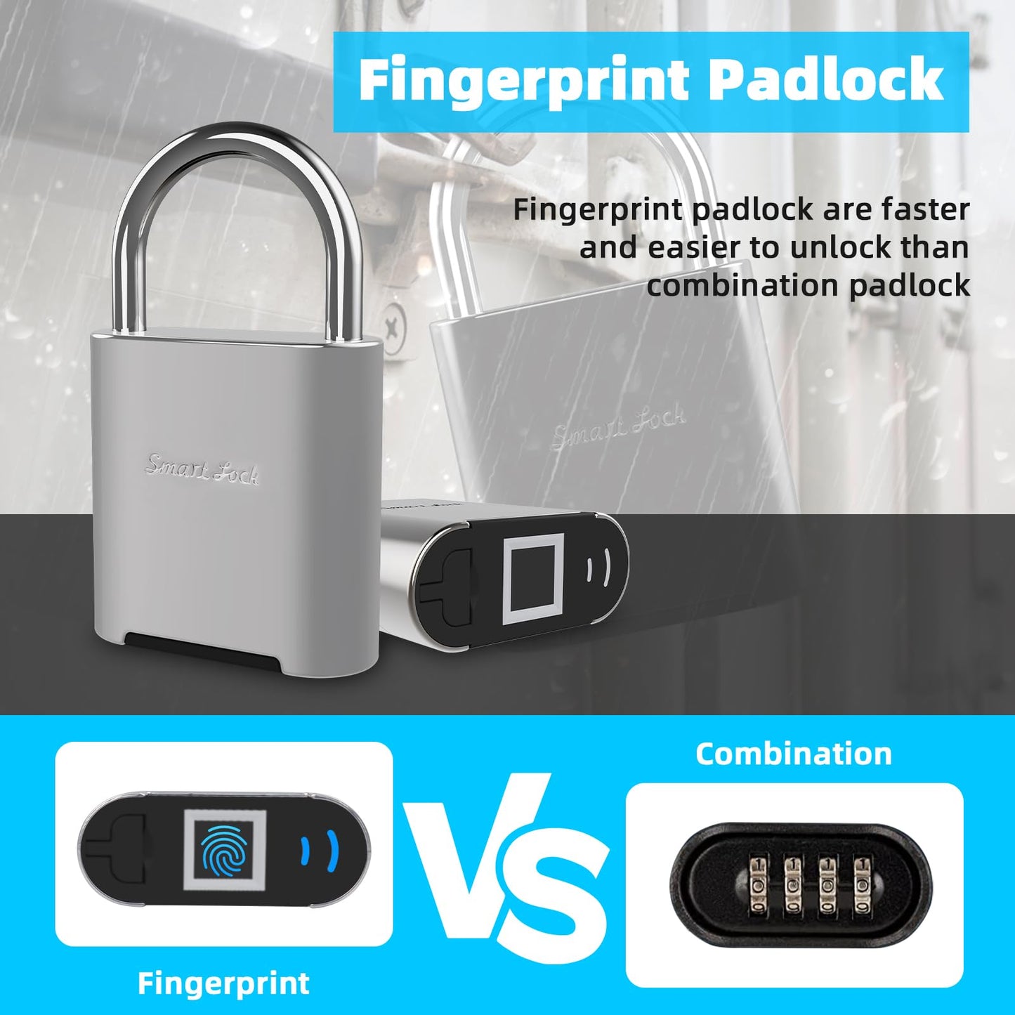 KENRONE Fingerprint Padlock, Biometric Smart Lock, IP66 Waterproof, Rechargeable Zinc Alloy Gym Lock for Athletes, Students, Swimmers & Outdoor Enthusiasts, for School Lockers, Pools & Luggage