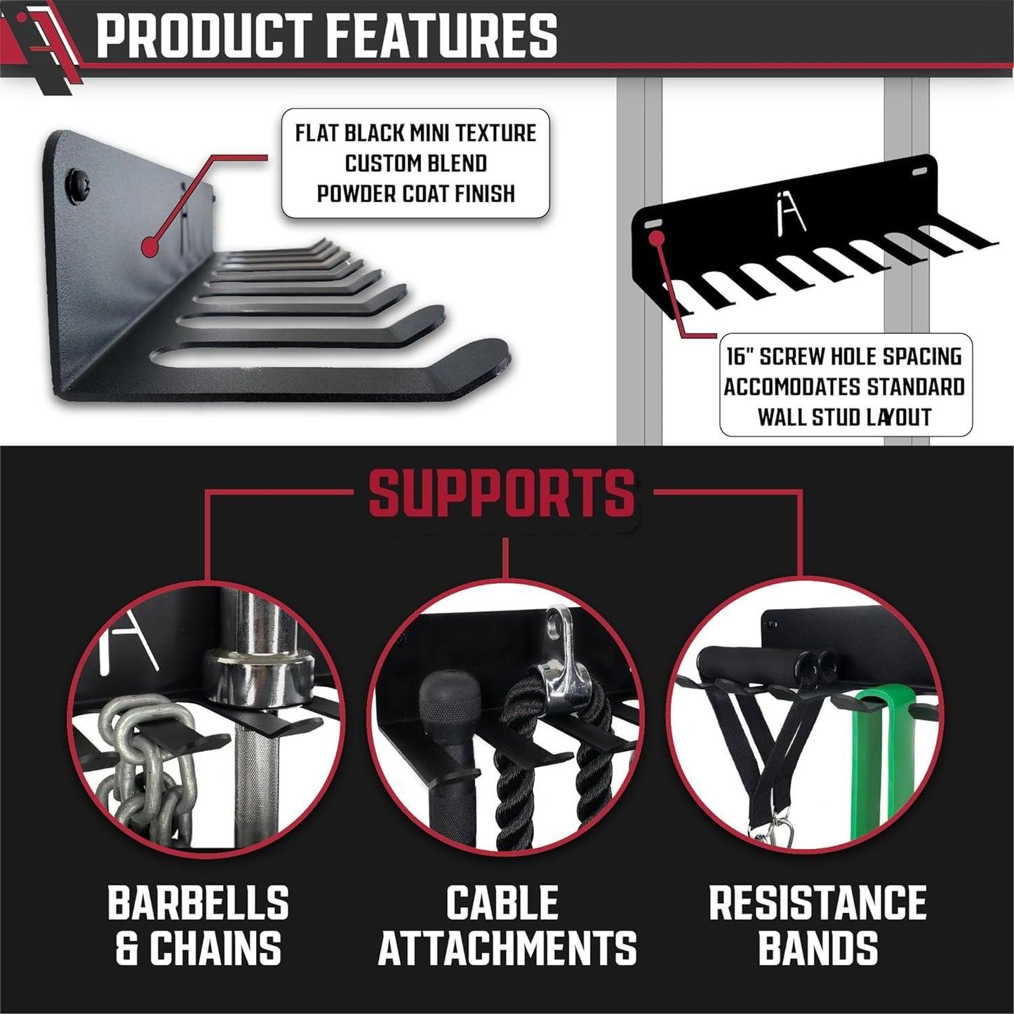 IRON AMERICAN USA Omega Beast Gym Storage Rack 11-Hook Heavy-Duty Gym Wall Organizer Gym Caddy Hanger - Gym Accessory Storage - Resistance Bands, Jump Ropes, Barbells, Lifting Belts, Cable Attachments