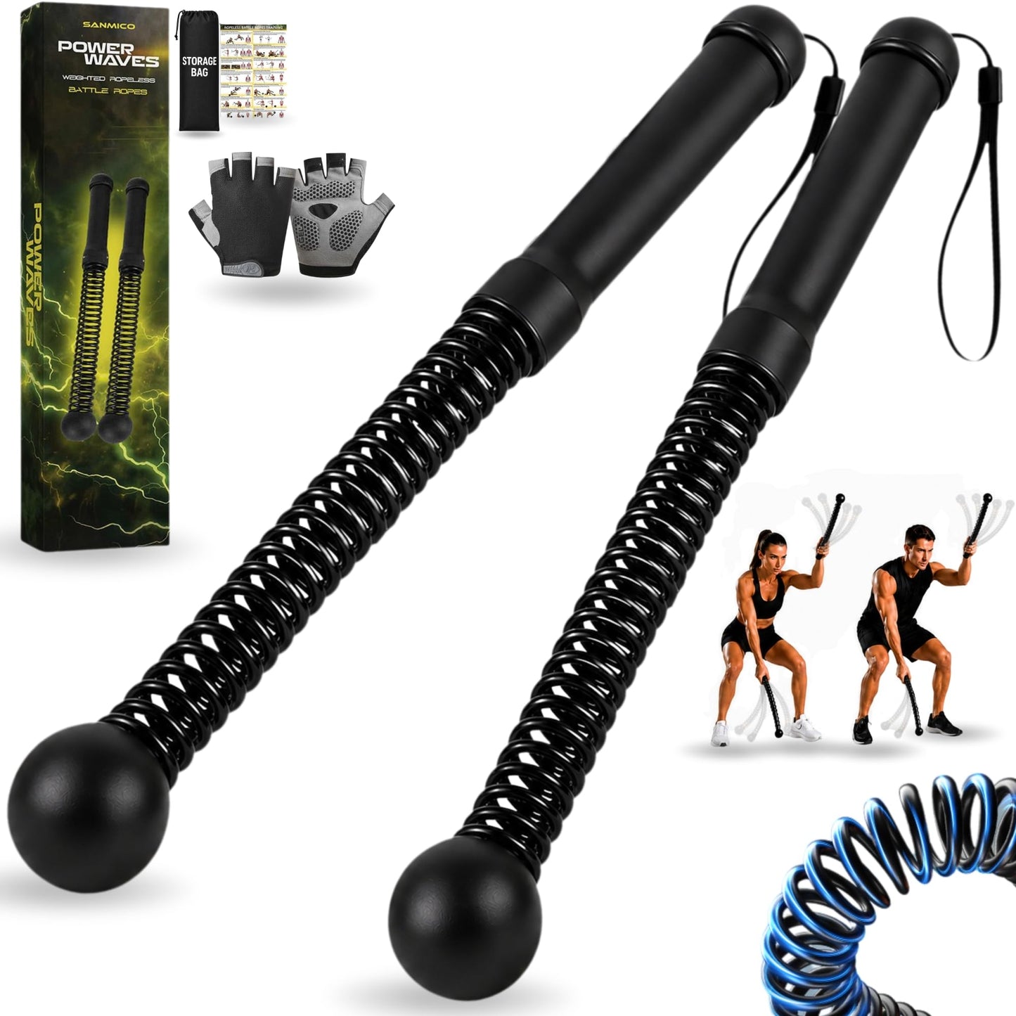 Sanmico Weighted Ropeless Battle Ropes 2 Pack – 2026 Edition | Cordless Portable No Anchor Battle Rope for Home Gym & Apartment | HIIT Strength & Cardio | Non-Slip Handle | Gloves & Exercise Poster