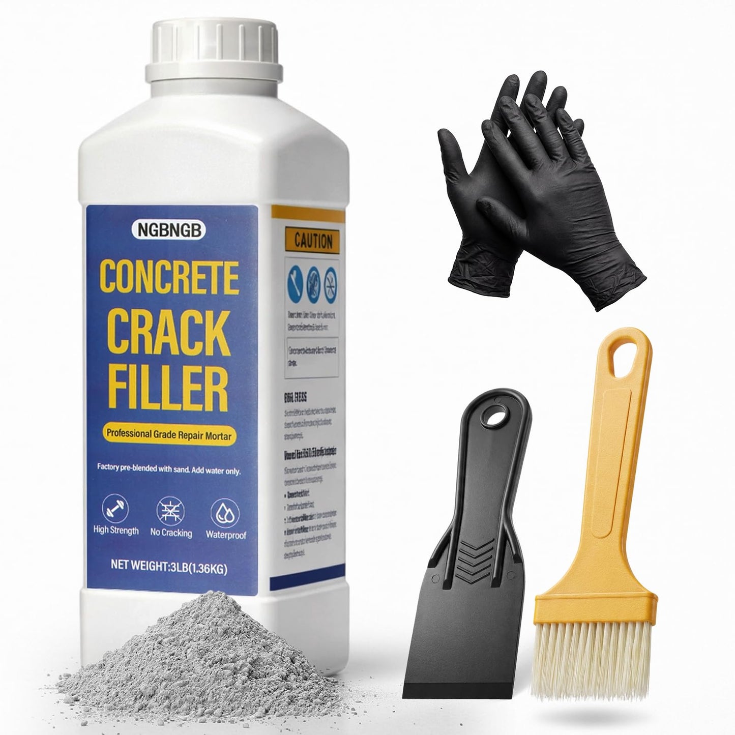Concrete Crack Filler 3LB Gray - Heavy Duty Dry Granular Mortar Repair Kit for Driveways, Walkways & Patios - DIY Concrete Hole Filler with Quartz Sand, Includes Scraper, Brush & Gloves