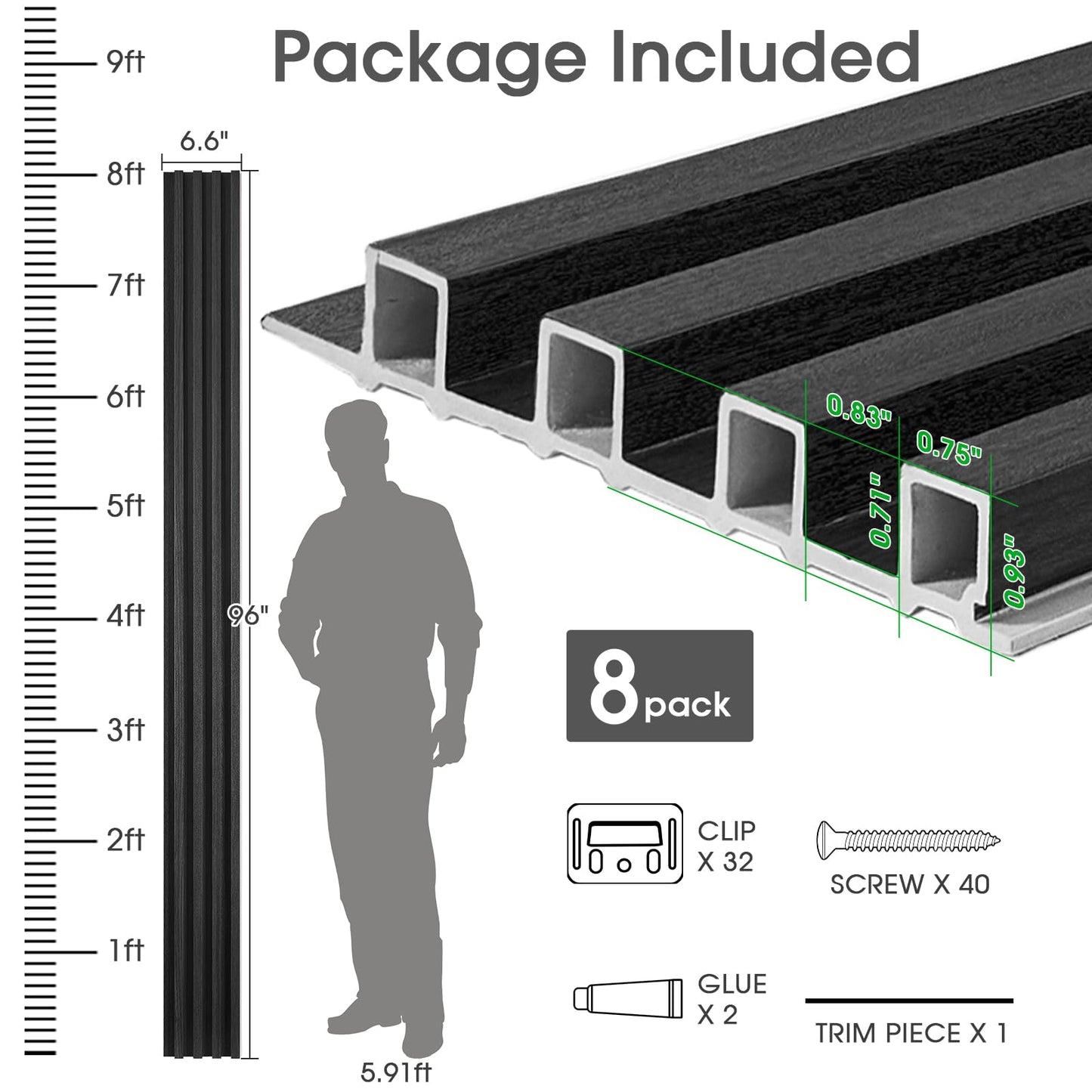 LARWORKS WPC Slat Wall Panels 8 Pack 96" x 6.6", Waterproof Fluted Wall Paneling, Accent 3D Wall Panel for Wall Decor, Bathroom, Bedroom, Office - High Grille Black (Cover Approx.35 sq.ft)