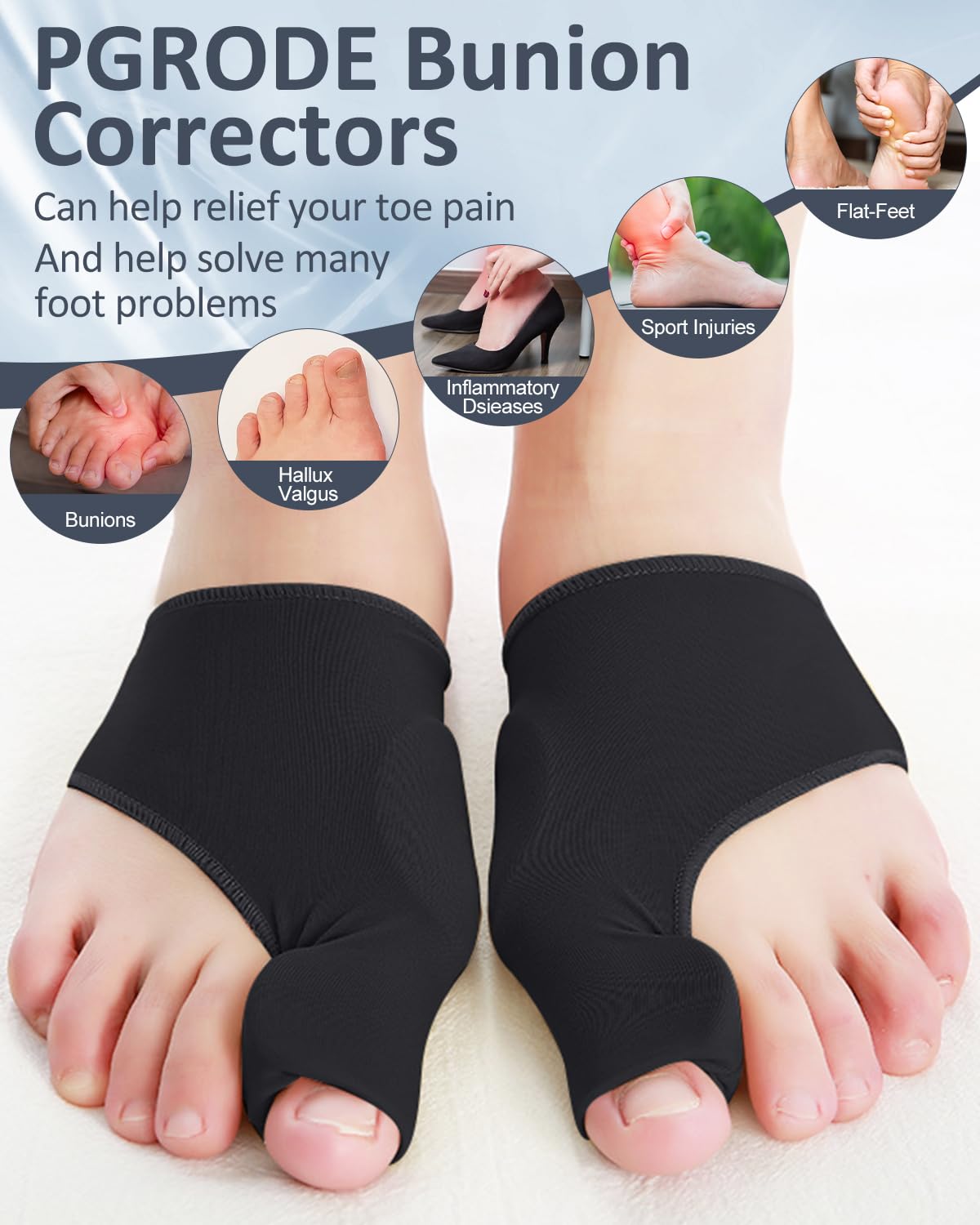 PGRODE 2 Pcs Bunion Corrector Toe Spacers Separators for Women Men Pain Relief, Big Toe Straighteners, Breathable Bunion Cushion Socks with Built-in Gel Pad (Black)