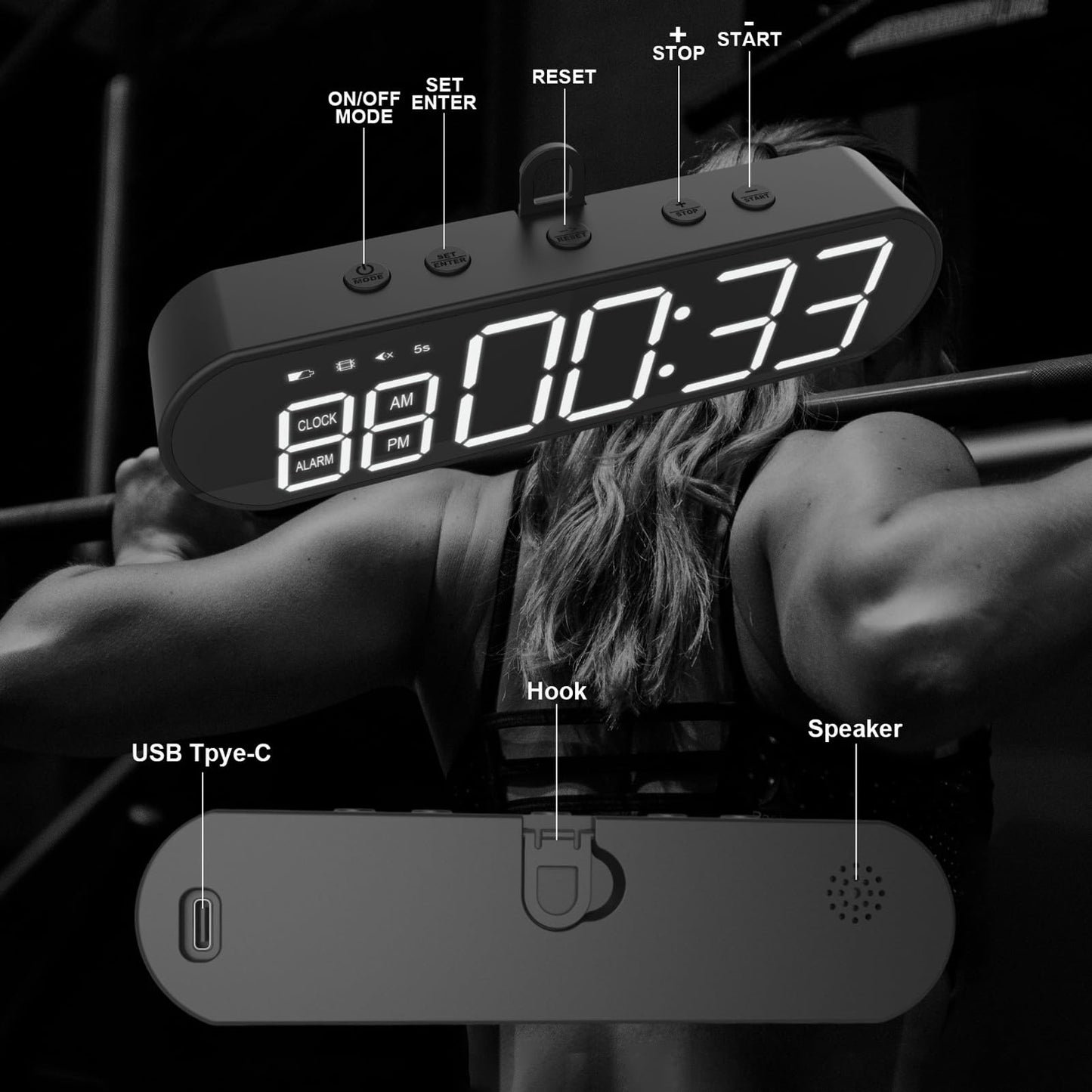 Portable Gym Timer, LED Display Interval Timer with Time Progress Bar/Rounds, Countdown/Up Stopwatch, Buzzer & Rechargeable Powered Battery Workout Timer for Home Gym Fitness