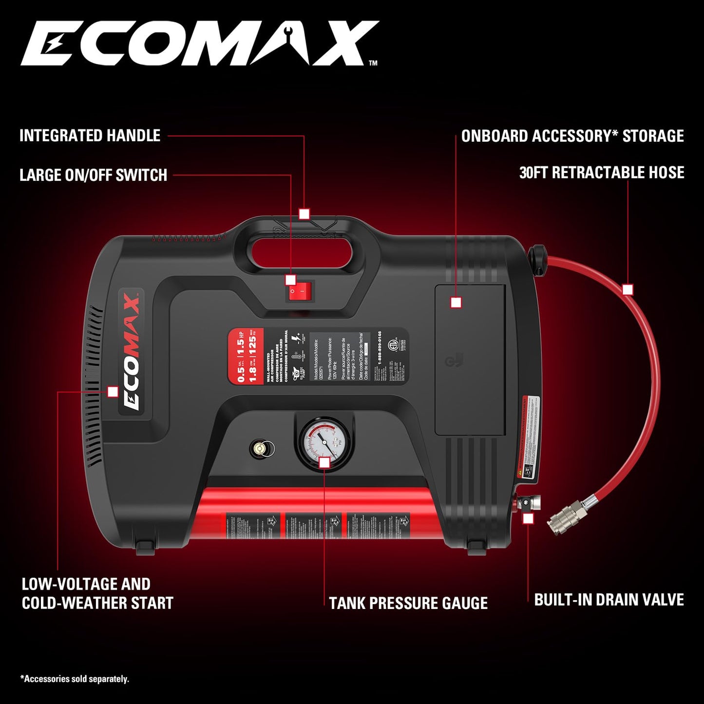 ECOMAX Wall Mount Air Compressor, Tire Inflator Portable Air Compressor, Oil-Free with Retractable 30ft Air Hose, Mini Tank 125 PSI MAX Pressure & 1.5 HP for Garage and Home