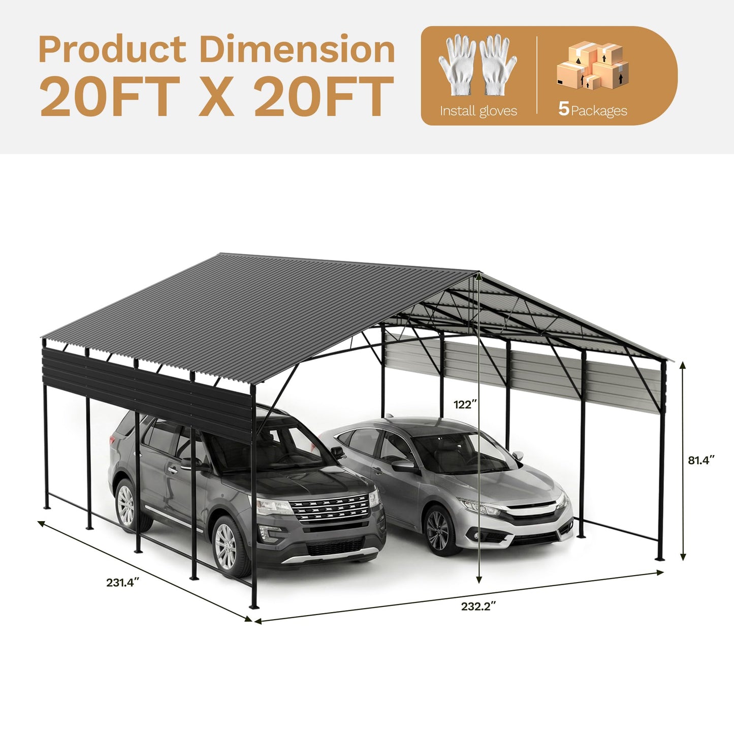 Patiowell 20x20 FT Metal Carport, Heavy Duty Oversized Carport with Reinforced Frame and Galvanized Steel Roof, All-Weather Garage Car Port Shelter for 2 Cars, Trucks, Boats and Tractors, Black