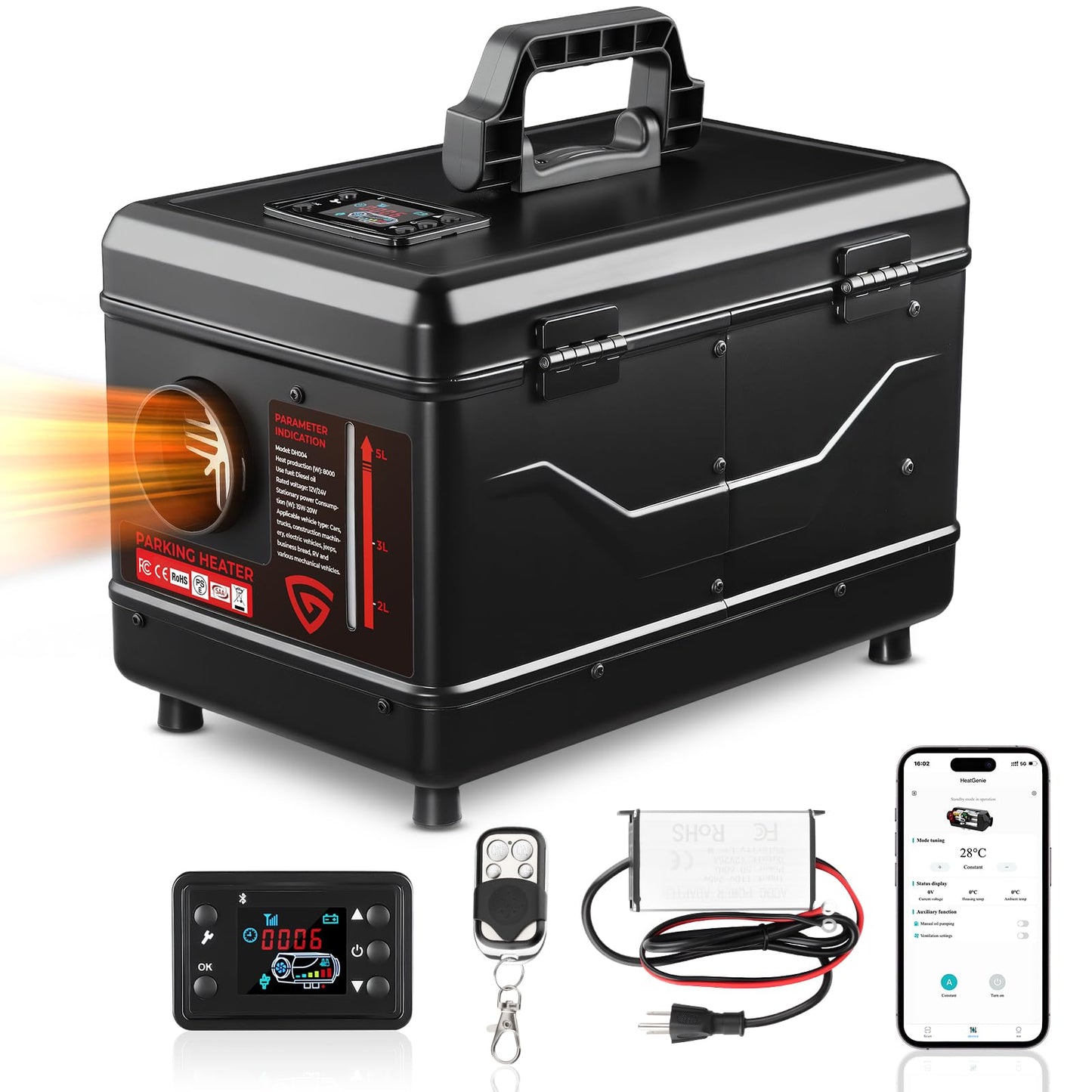 GEARLASSO Diesel Heater 12V/24V/110V 8KW Protable Toolbox Diesel Parking Heater with APP Remote Control and Charger LCD Screen Suitable for Home Shop Garage RV Trailer Boat Camper Black