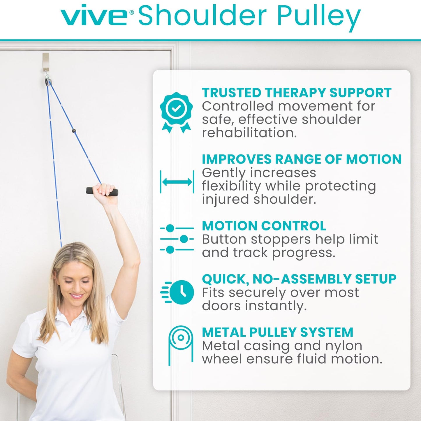 Vive Shoulder Pulley for Physical Therapy - Rotator Cuff Pain Pulley System - Over Door Rehab Exerciser - with Durable Metal Pulley & Comfortable Padded Handles