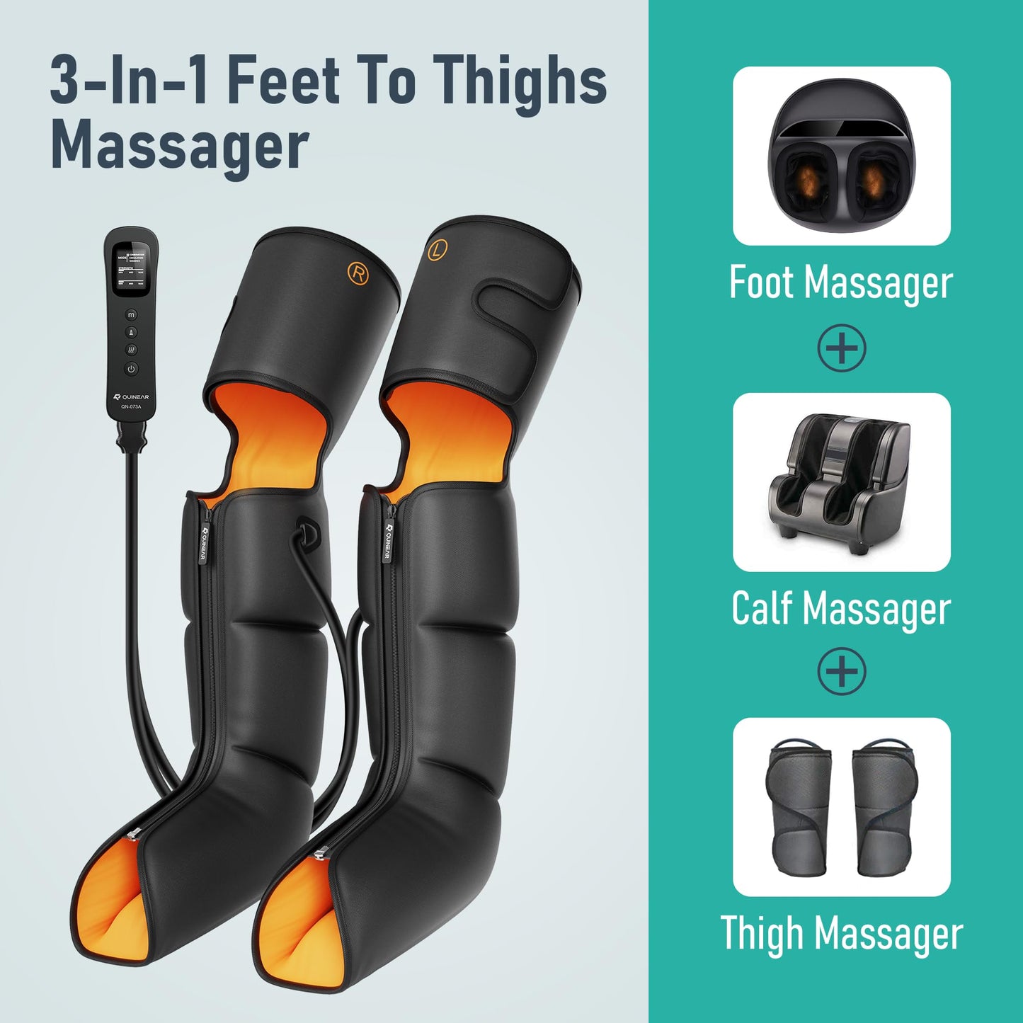 QUINEAR Leg Massager, 3-in-1 Foot Calf & Thigh Massager with Heat and Compression Therapy, Leg Massage Boots for Pain Relief, FSA-HSA Eligible