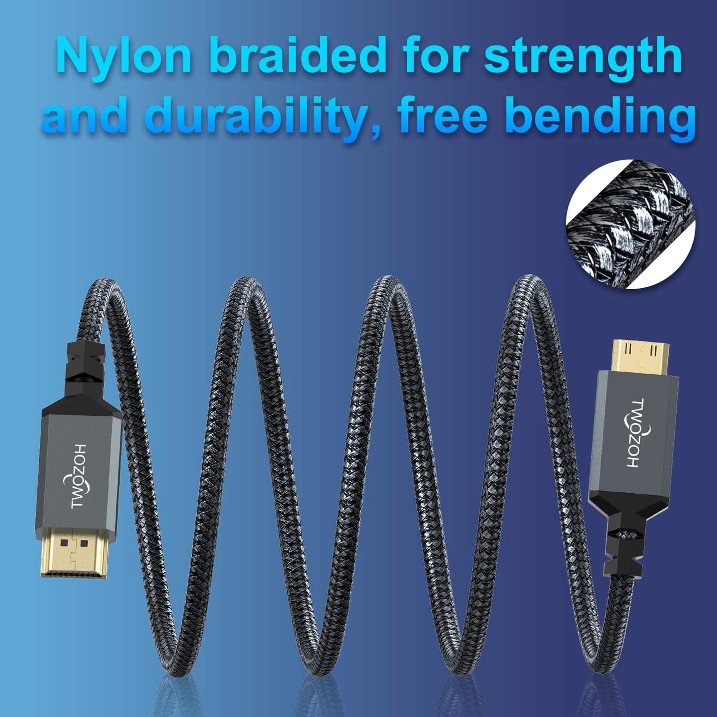 Twozoh 3.3FT, 3D 4K/60Hz 1080p 720p Mini HDMI to HDMI Cable High-Speed HDMI to Mini HDMI Braided Cord Support