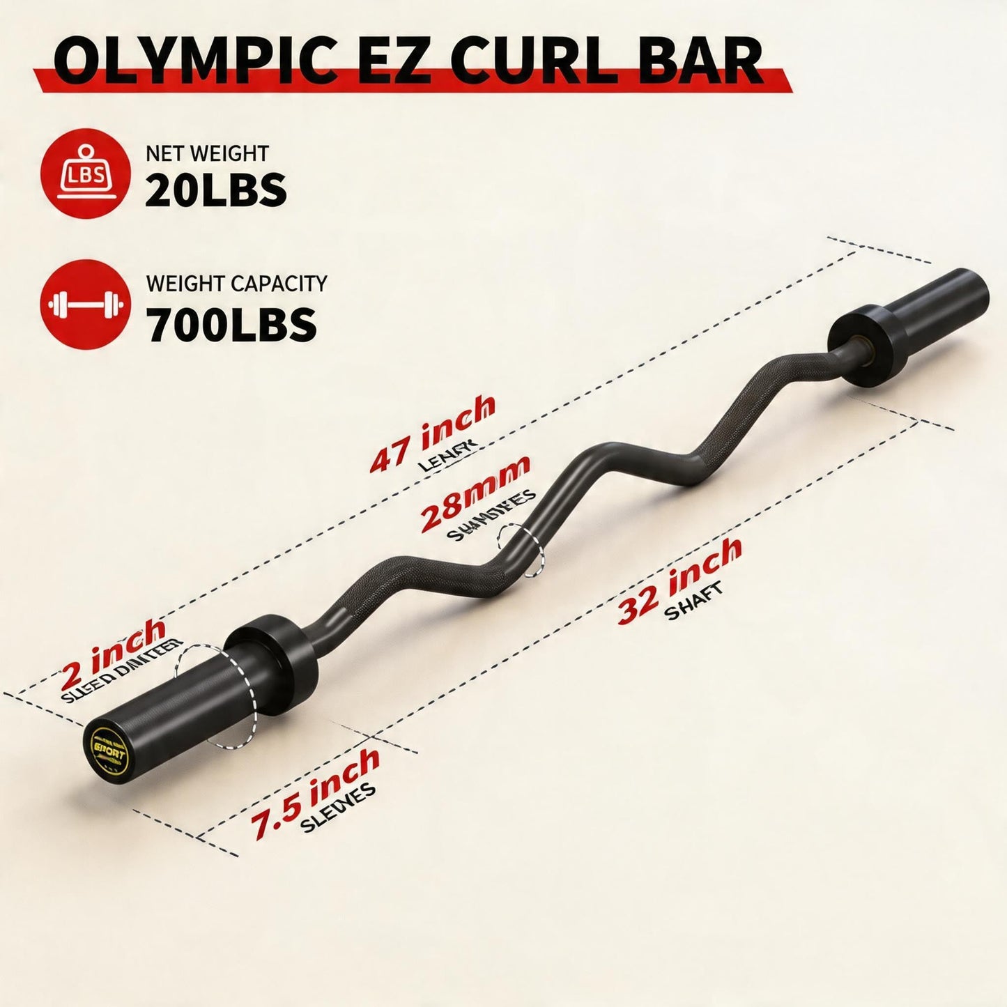 EZ Curl Barbell Bar 47" for 2-Inch Plates – Olympic Curl Bar for Bicep, Tricep, Hip Thrusts, Squat, Home Gym – 700lb Weight Capacity, Anti-Slip Diamond Knurling & Ergonomic Curved