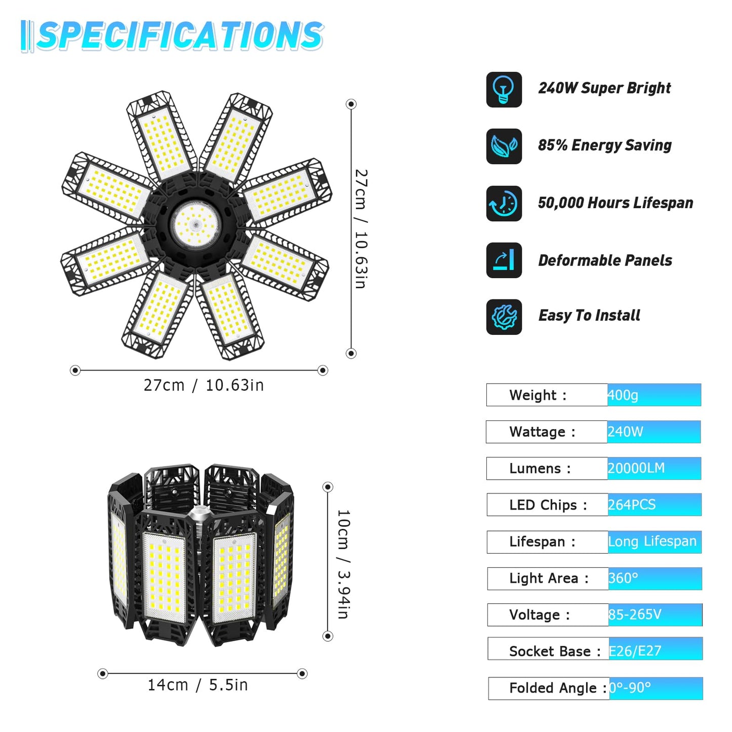 Garage Light 8 Pack - 240W 24000LM 6500K Garage Lights Ceiling LED with 8+1 Deformable Panels, E26/E27 Screw Socket in LED Shop Light for Workshop, Basement, Gym, Barn, Warehouse etc Bay Lighting