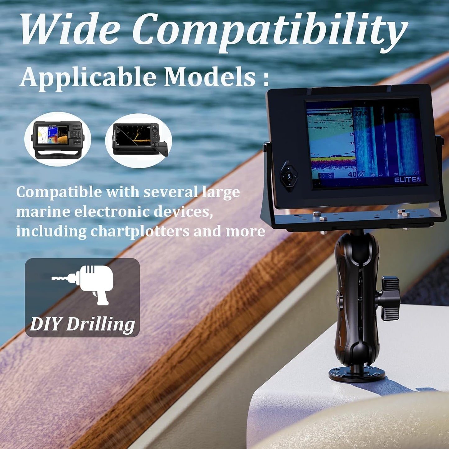 LOKTENWO 1.5" 5.7" Humminbird, Aluminum Alloy Fish Finder Mount Base with C Size Ball Rectangle Plate & Medium Arm
