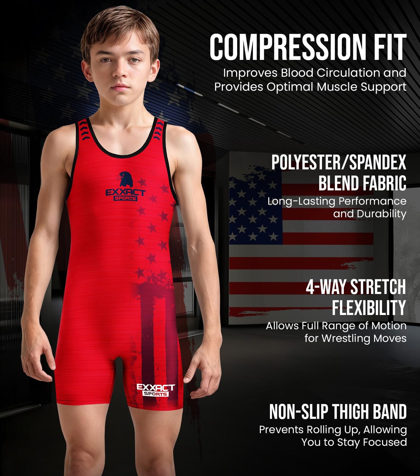Exxact Sports Patriot Youth Wrestling Singlet For Boys, Premium Powerlifting Singlet, Kids Wrestling Singlets For Training (YL, Red)