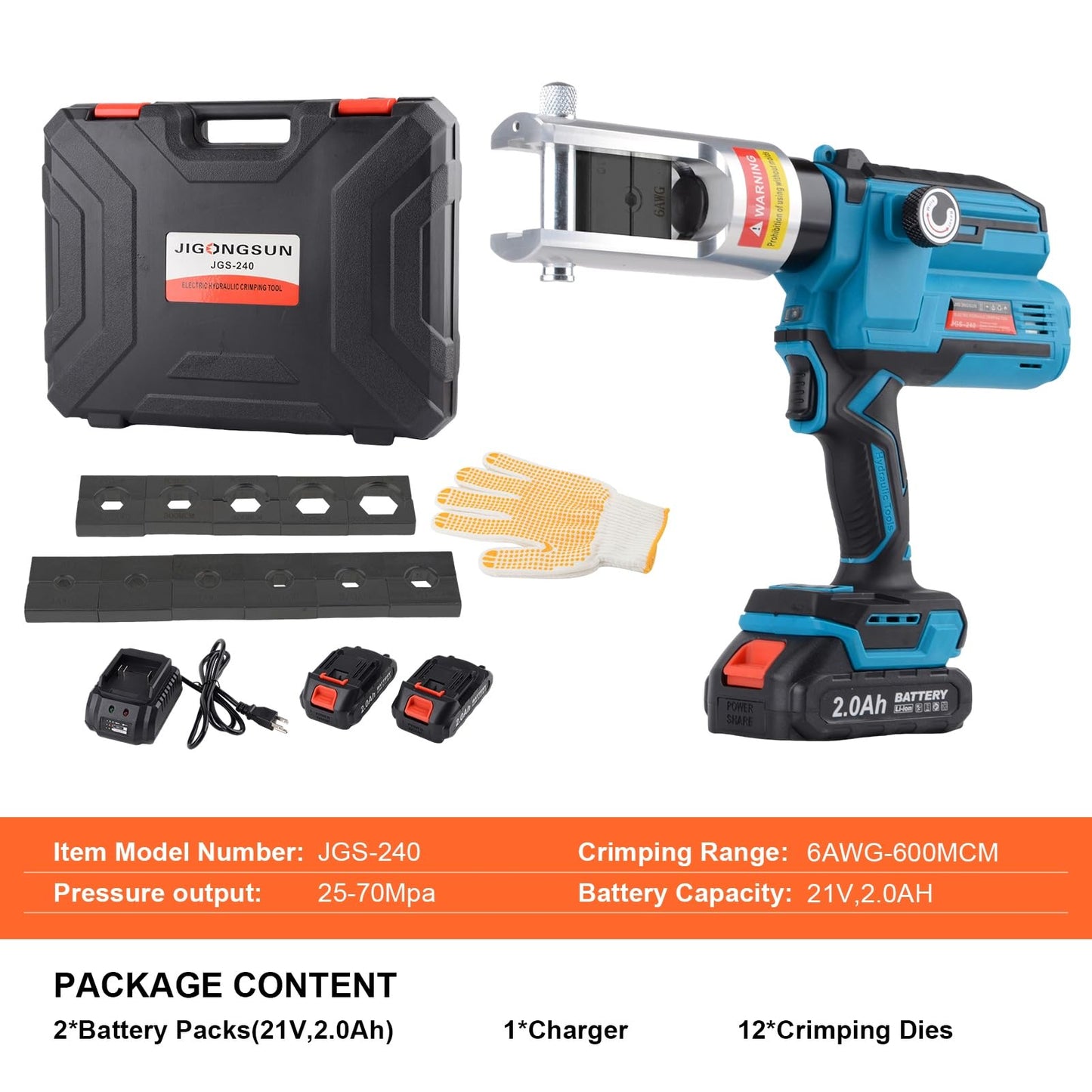 JIGONGSUN Electric Hydraulic Crimping Tool, Battery Cable Crimper Tool, 10 Ton Wire Crimpers Electrical, Rang 6AWG-600MCM and Electrical Wire Lugs Tool 12 Pairs of Dies (JGS-240)