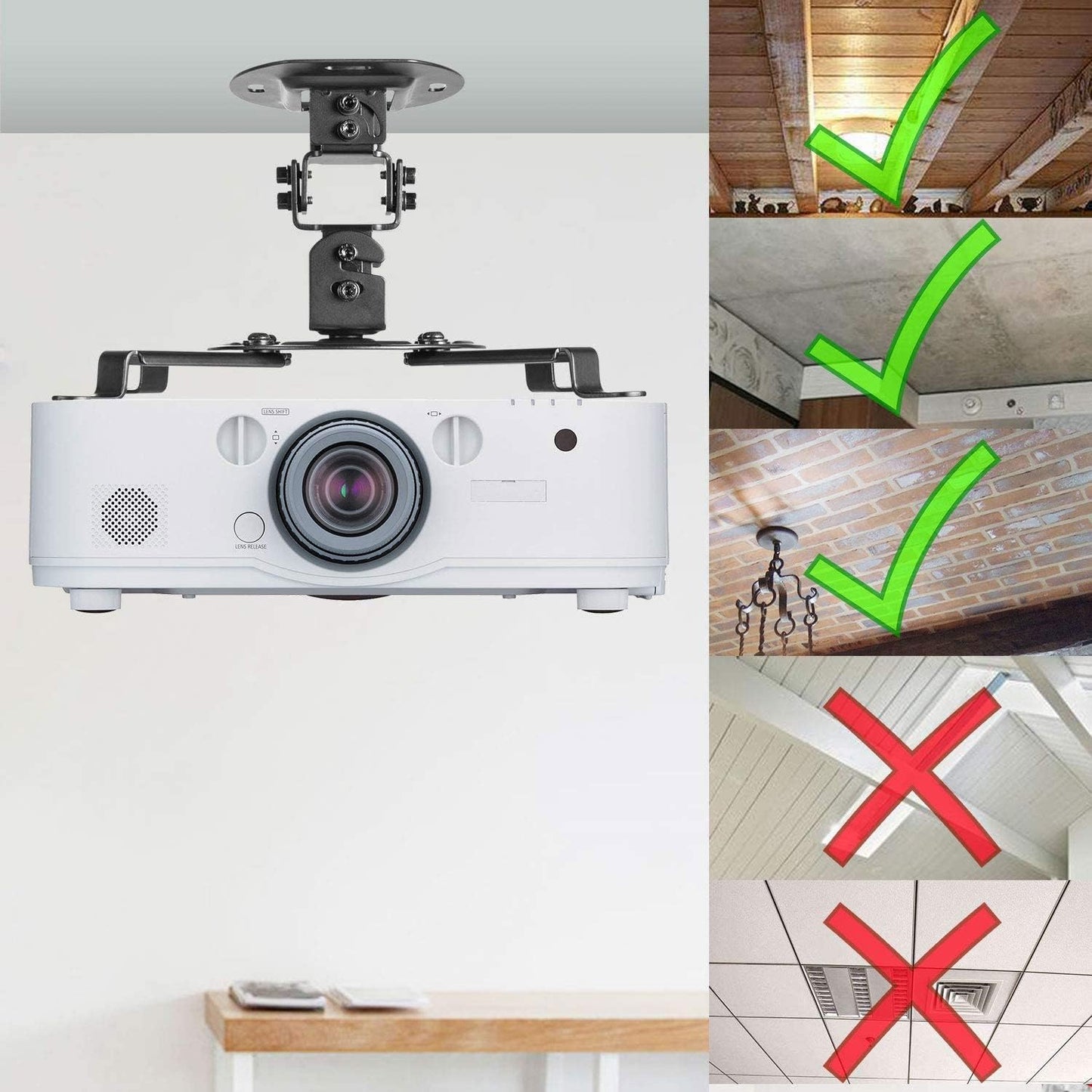 (PM-002-B), WALI Projector Ceiling Mount, Universal Low Profile Projector Mount with Retractable Arms and Multiple