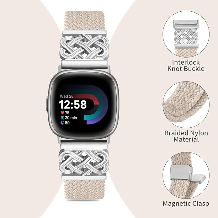Braided Band Compatible with Fitbit Versa 4 Bands for Woman/Versa 3/Sense 1/Sense 2 Band, Magnetic Clasp Fabric Nylon with Designer Interlock Buckle Straps for Fitbit Versa4/3/Sense1/2