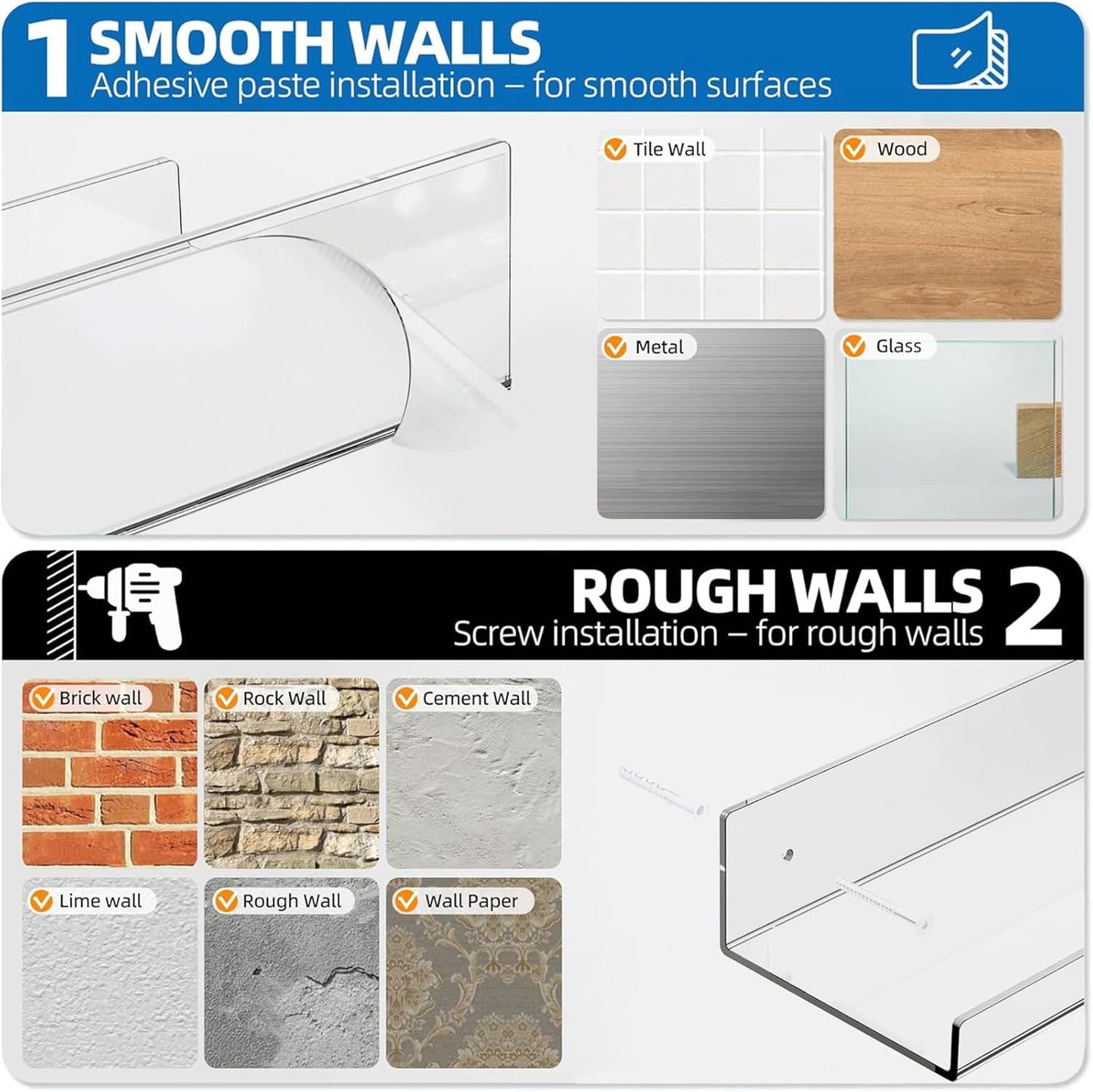 Albumgit 4 Pack Acrylic Wall Shelves - Self-Adhesive 15" Clear Floating Shelf for Home Organization