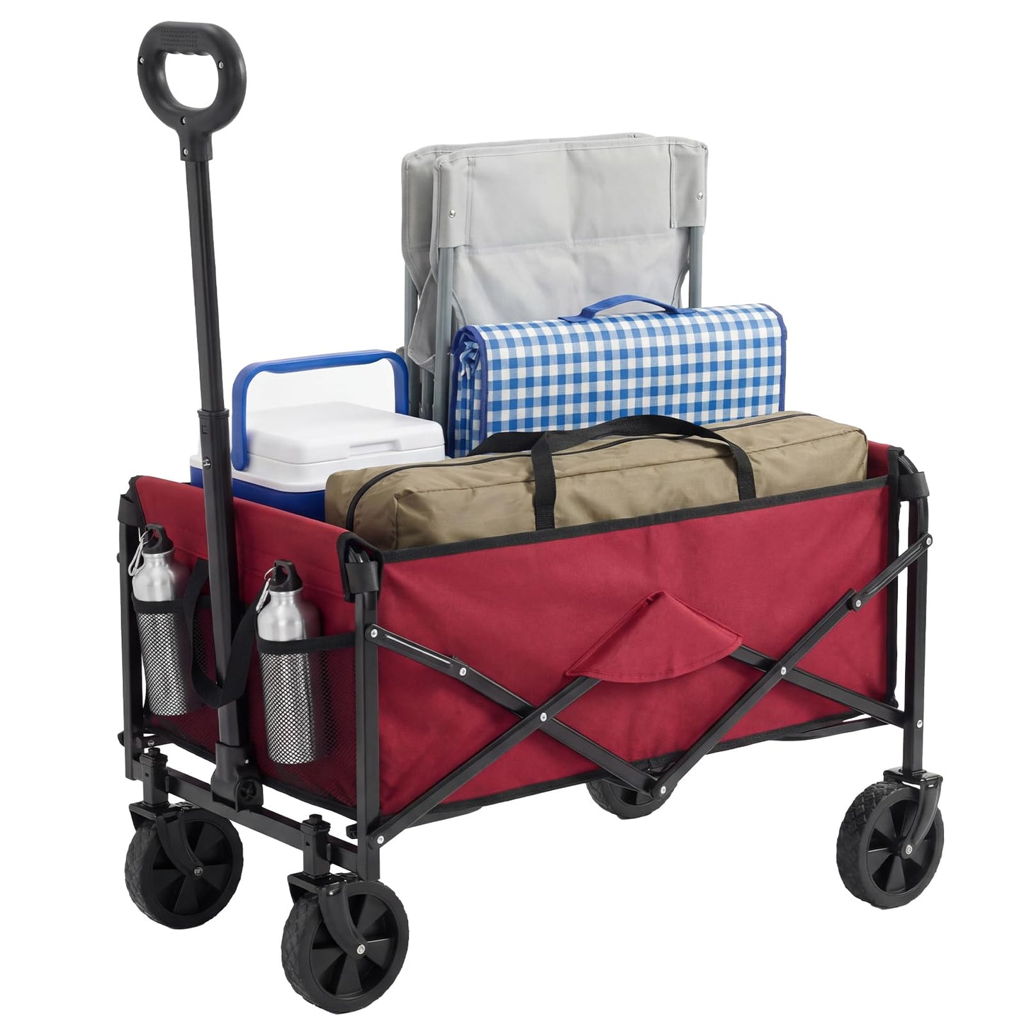 DUMOS Collapsible Wagon Cart, Heavy Duty Foldable Utility Wagon with Wheels – 220 lbs Capacity, Flexible Handle for Beach, Garden, Sports, Grocery & Camping, Red
