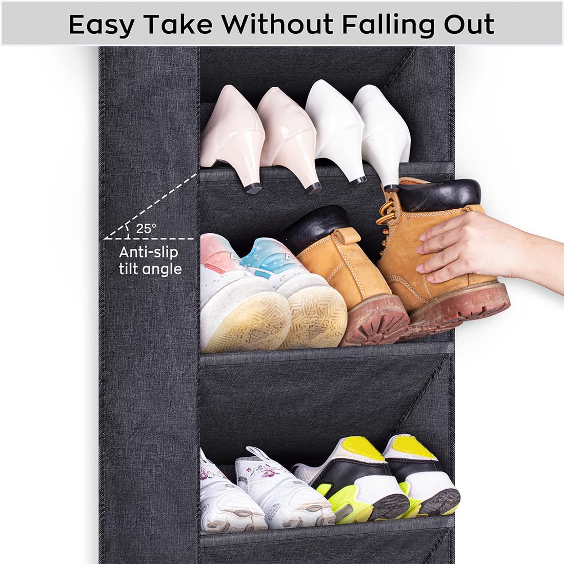 Sleeping Lamb Over The Door Shoe Organizer - Large Deep Pockets for Boots Storage | Black