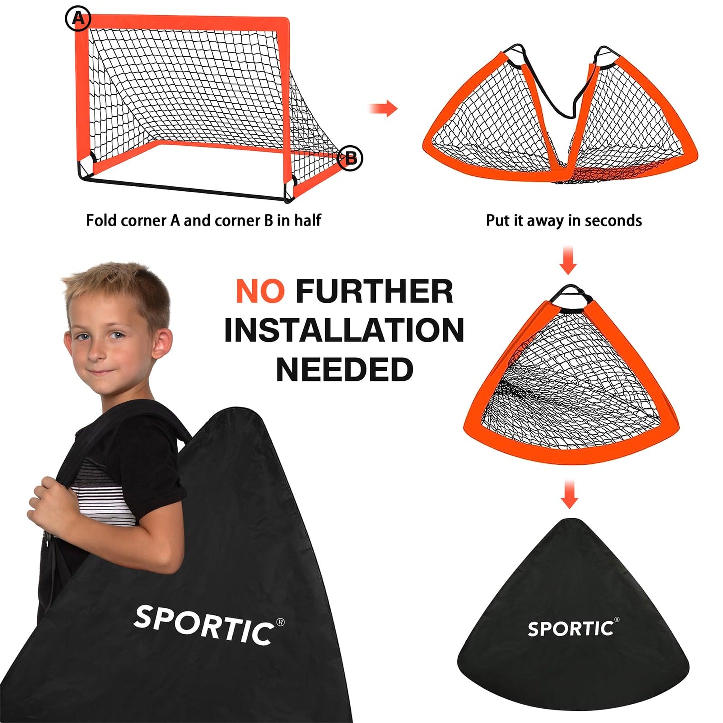 2 Pack 4' x 3' Soccer Goal Net Set, Pop Up Kids Practice Soccer Goals for Indoor and Outdoor.Portable Soccer Net with Carrying Bag & Ground Pegs, Perfect for Backyard, Field, Court (Orange)