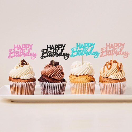 Ercadio 24 Pack Happy Birthday Cupcake Toppers - 8 Vibrant Colors for Kids' Parties & Celebrations