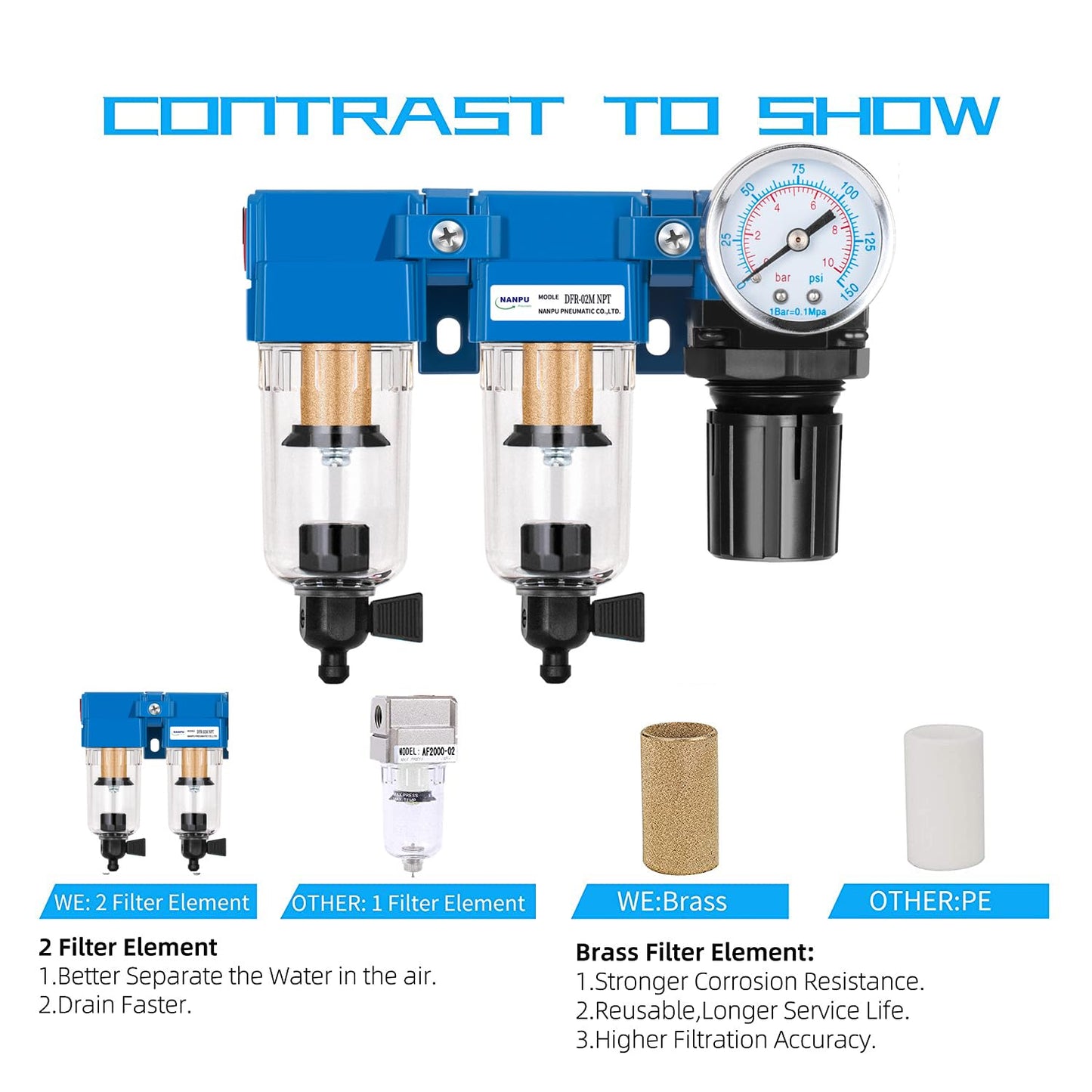 NANPU 1/4" NPT Air Drying System - Double Air Filters, Air Pressure Regulator Combo - Manual Drain, Poly Bowl - DFR-02M