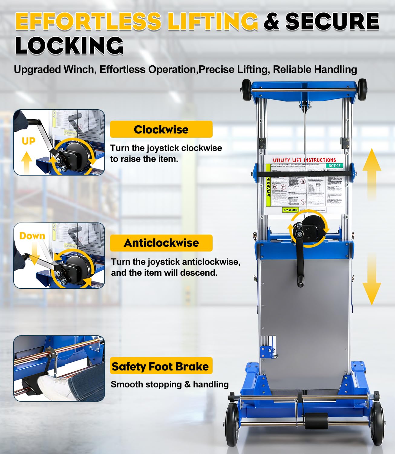 Material Lift Winch Stacker 440 lbs 122" Lift Height, Adjustable Straddle Hand Winch Lift Truck, Material Lifts for Warehouse Factory Library Logistics