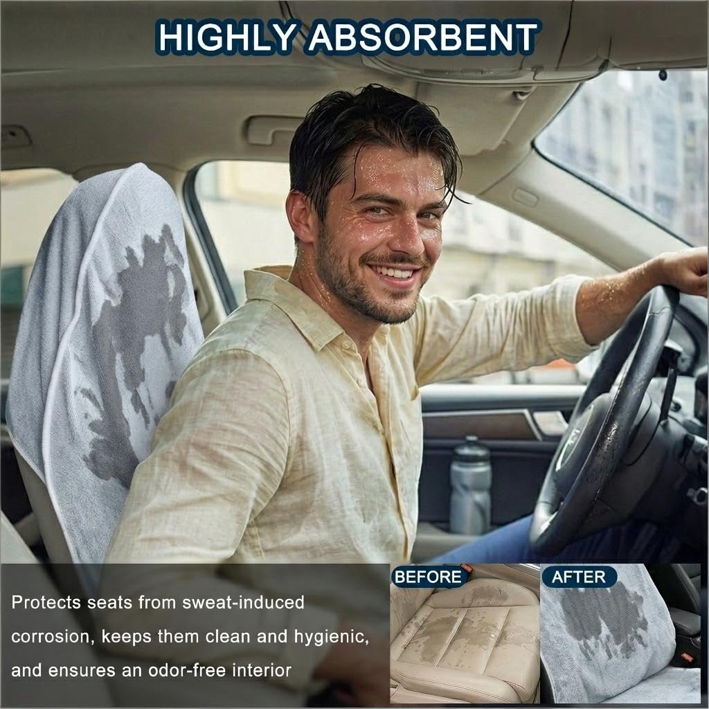 CORTHENA Car Seat Towel Cover, 2pcs Universal Front Seat Protector for Cars, SUVs and Trucks, Sweat Towel Car Seat Cover for Gym, Yoga, Swimming, Pets and Family Travel, Light Gray